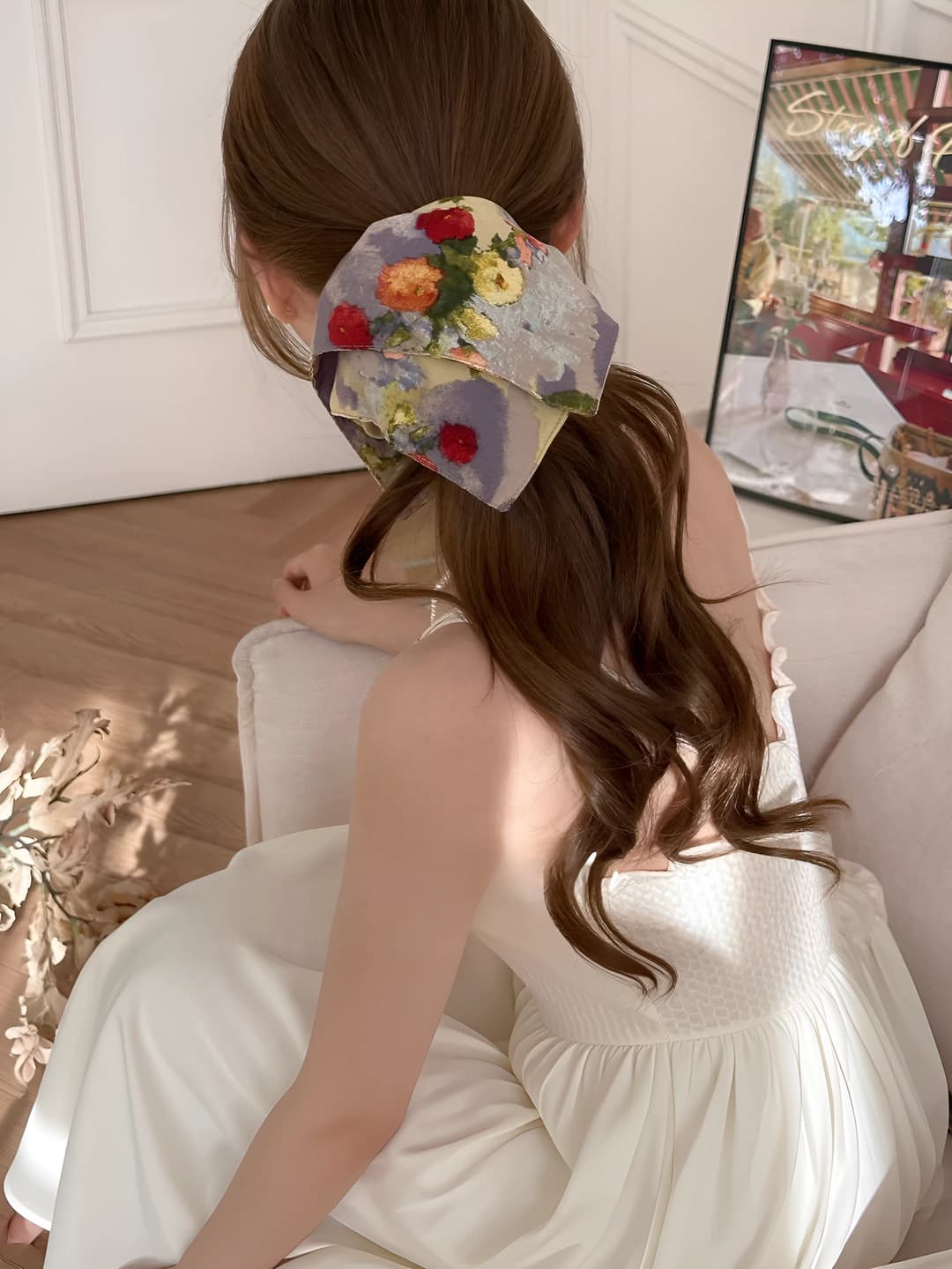Women's spring-summer floral fabric scrunchie, forest style, loose fit, handmade
