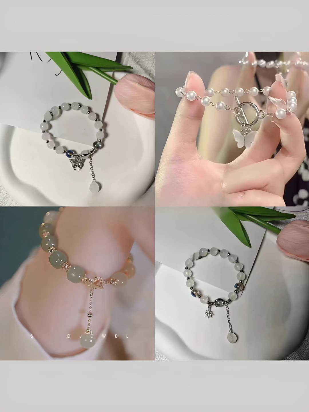 Women's beaded bracelet: four-leaf clover and butterfly design, mixed materials, handmade, light luxury in new Chinese style