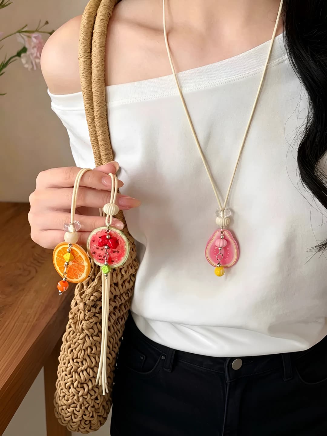 Women's braided necklace with watermelon slice pendant: sweet, vacation style, 81 cm