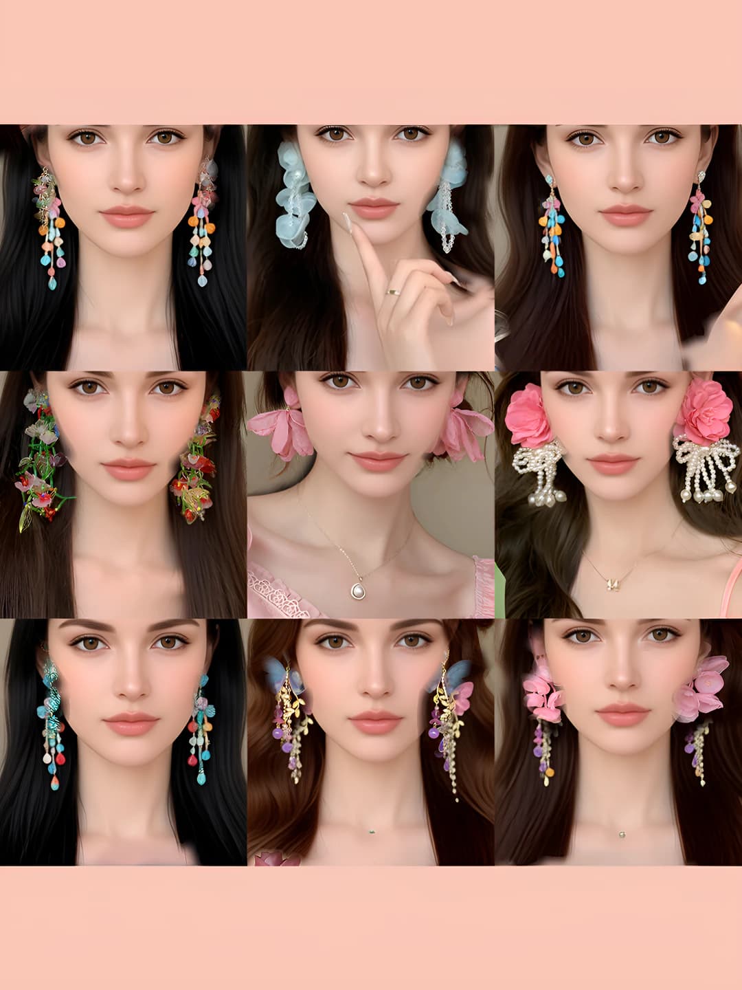 Women's earrings with floral design, bow, tassels and imitation pearls