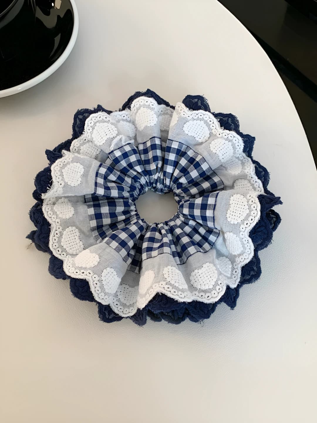 Navy plaid hearts lace 15 cm