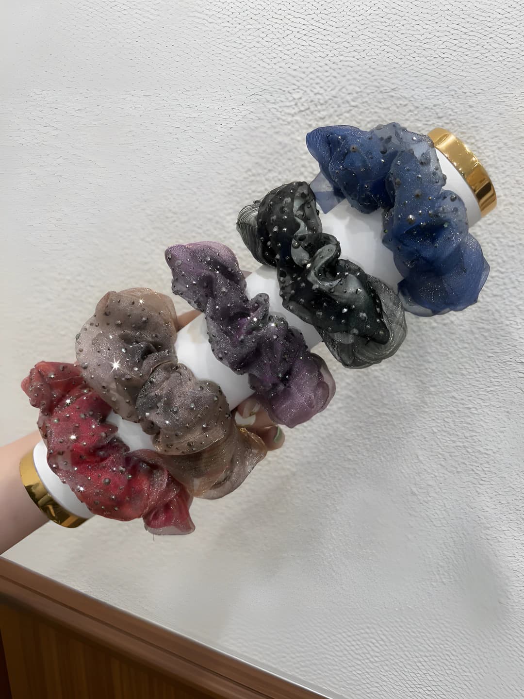 Women's sparkly scrunchie hair ties, Japanese and Korean style, mixed material, for ponytail and bun
