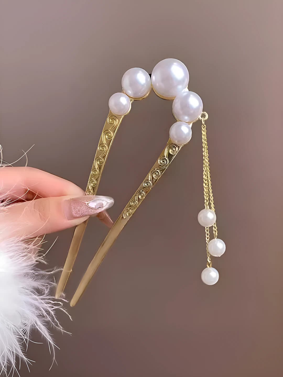 Gold pearl hair pin 14 cm