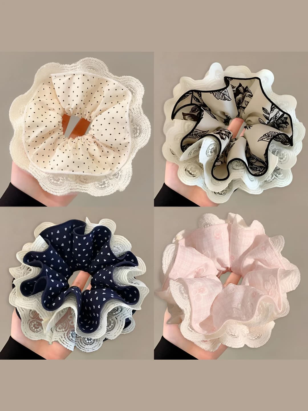 Women's stretch hair ties: floral pattern, 4-layer, large size, handmade, cute style for buns and low ponytails