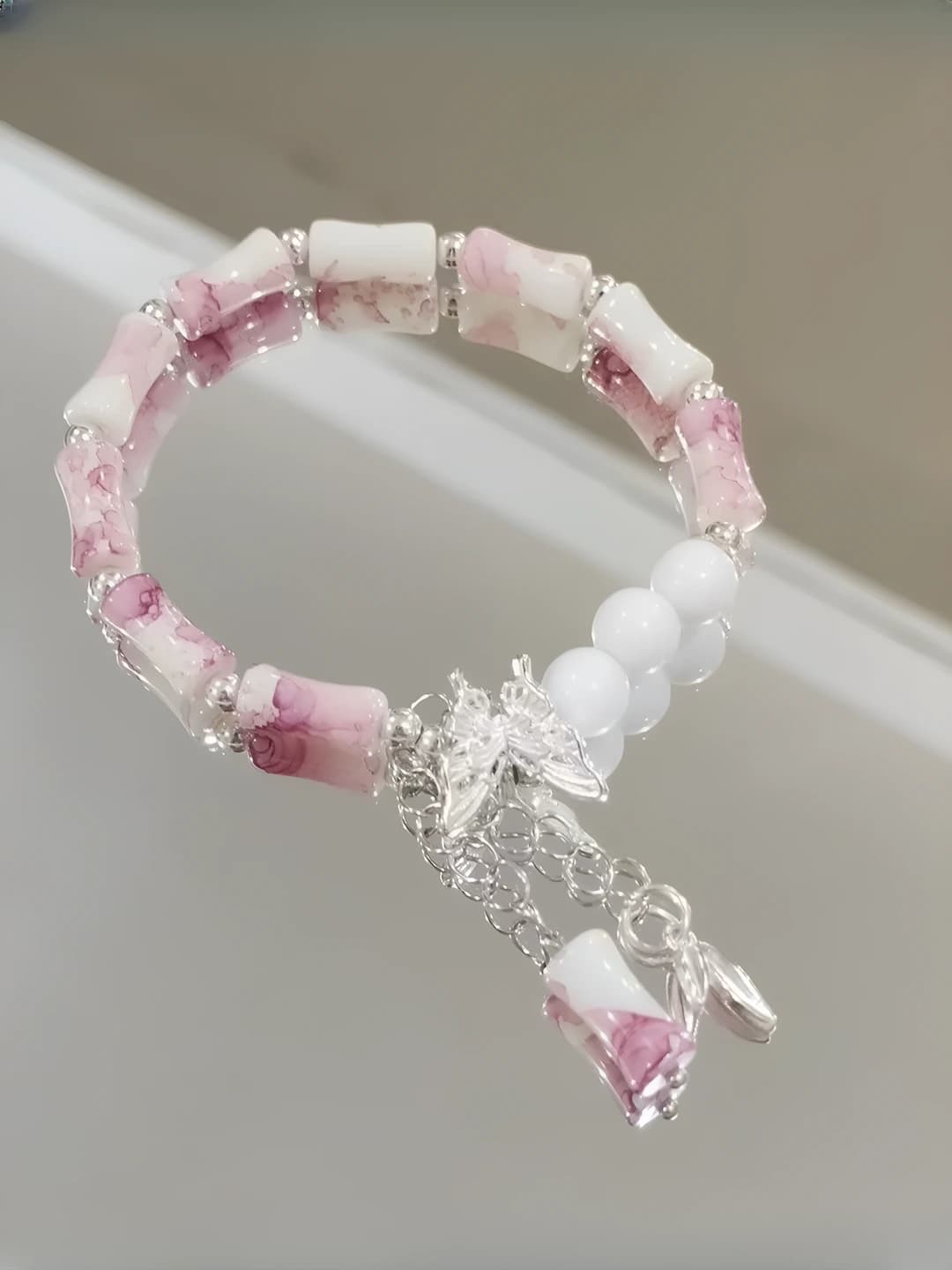 Pink watercolor bamboo butterfly bracelet