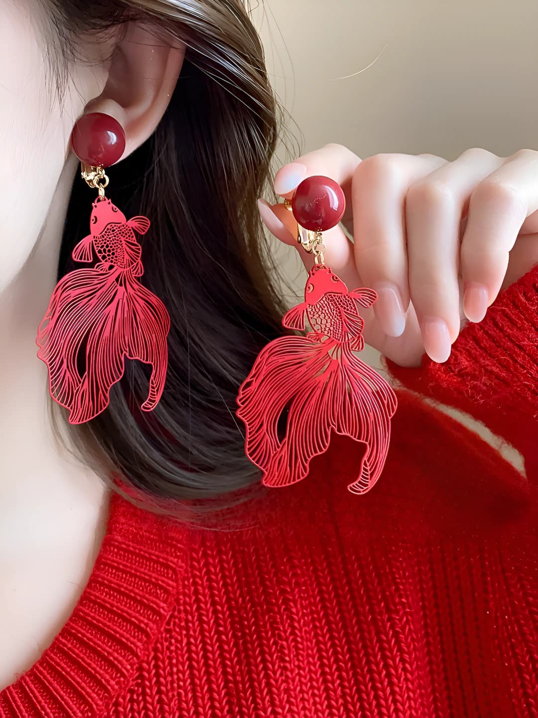 7#Ear clip-Gold-Red