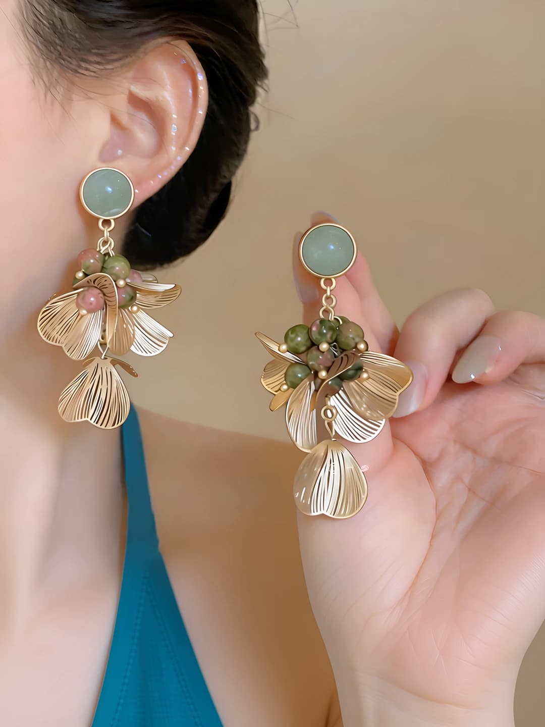 Women's earrings in French retro style with floral design