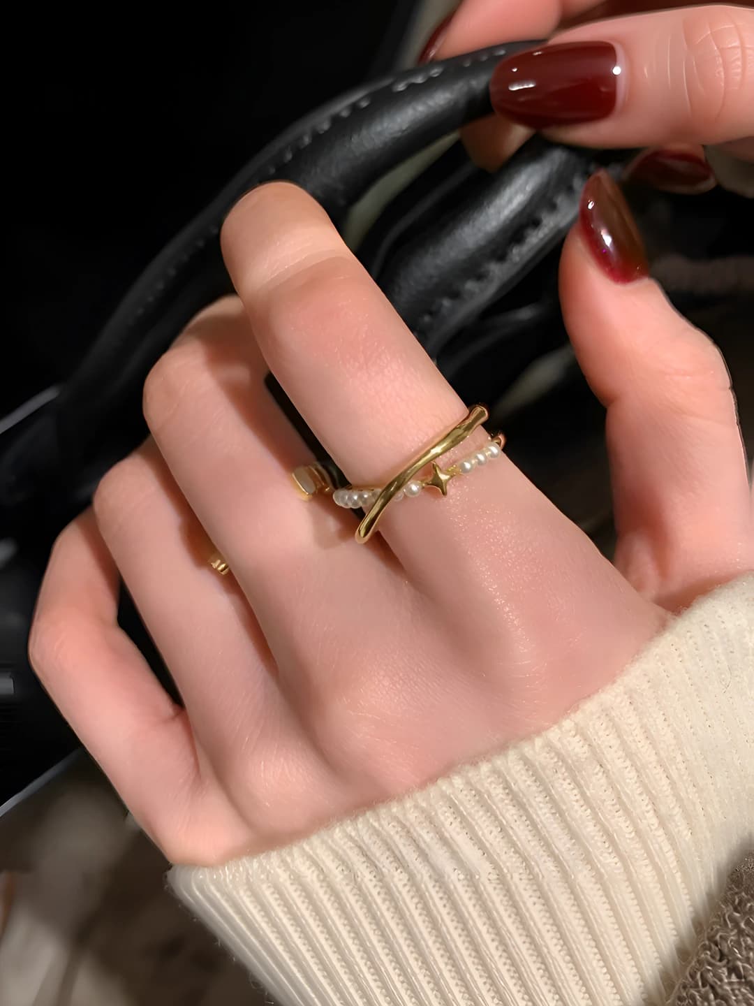 Women's spring-summer double cross ring with pearl and geometric shape, made of copper with plating, luxury style