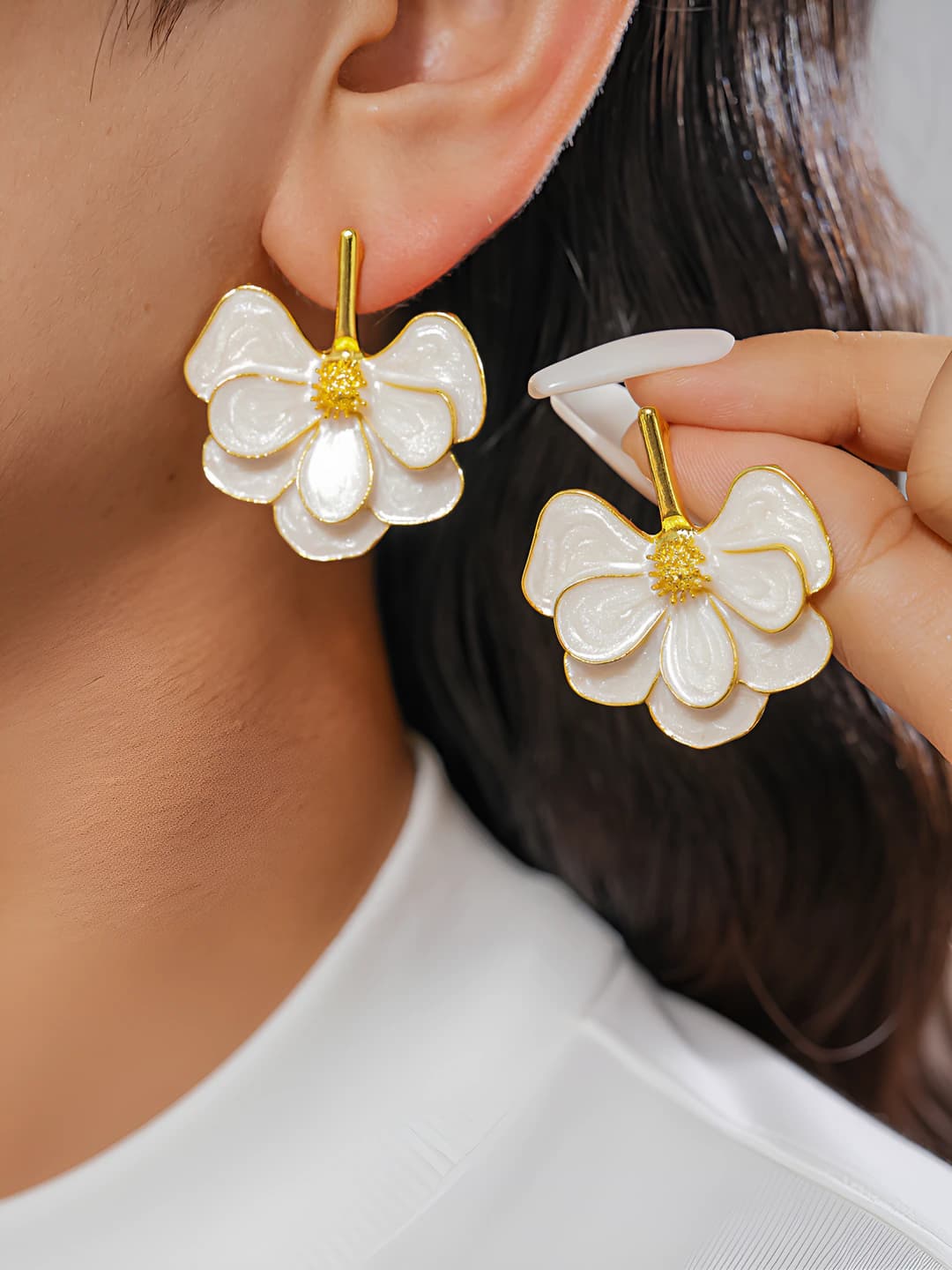 Women's double-layer flower drop oil silver stud earrings in European and American style