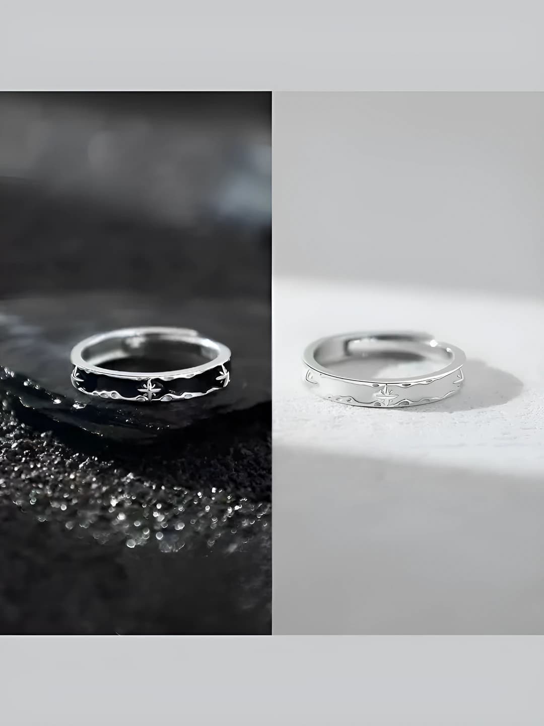 Women's couple ring set: black and white enamel, star design element, minimalist style