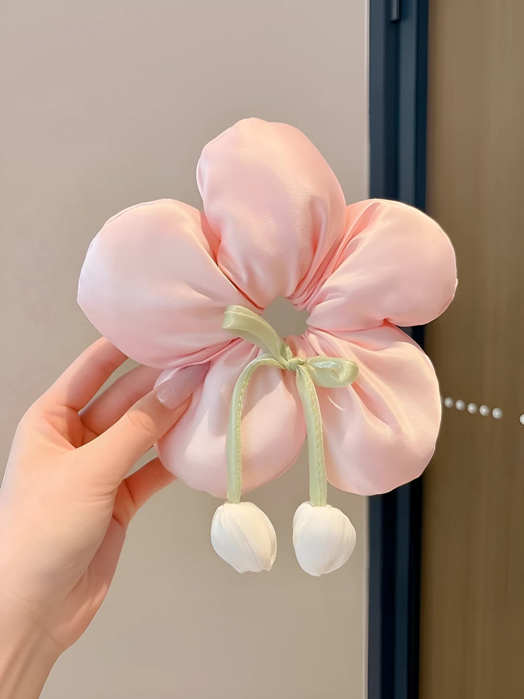1# Pink tulip floral hair tie - 17 cm