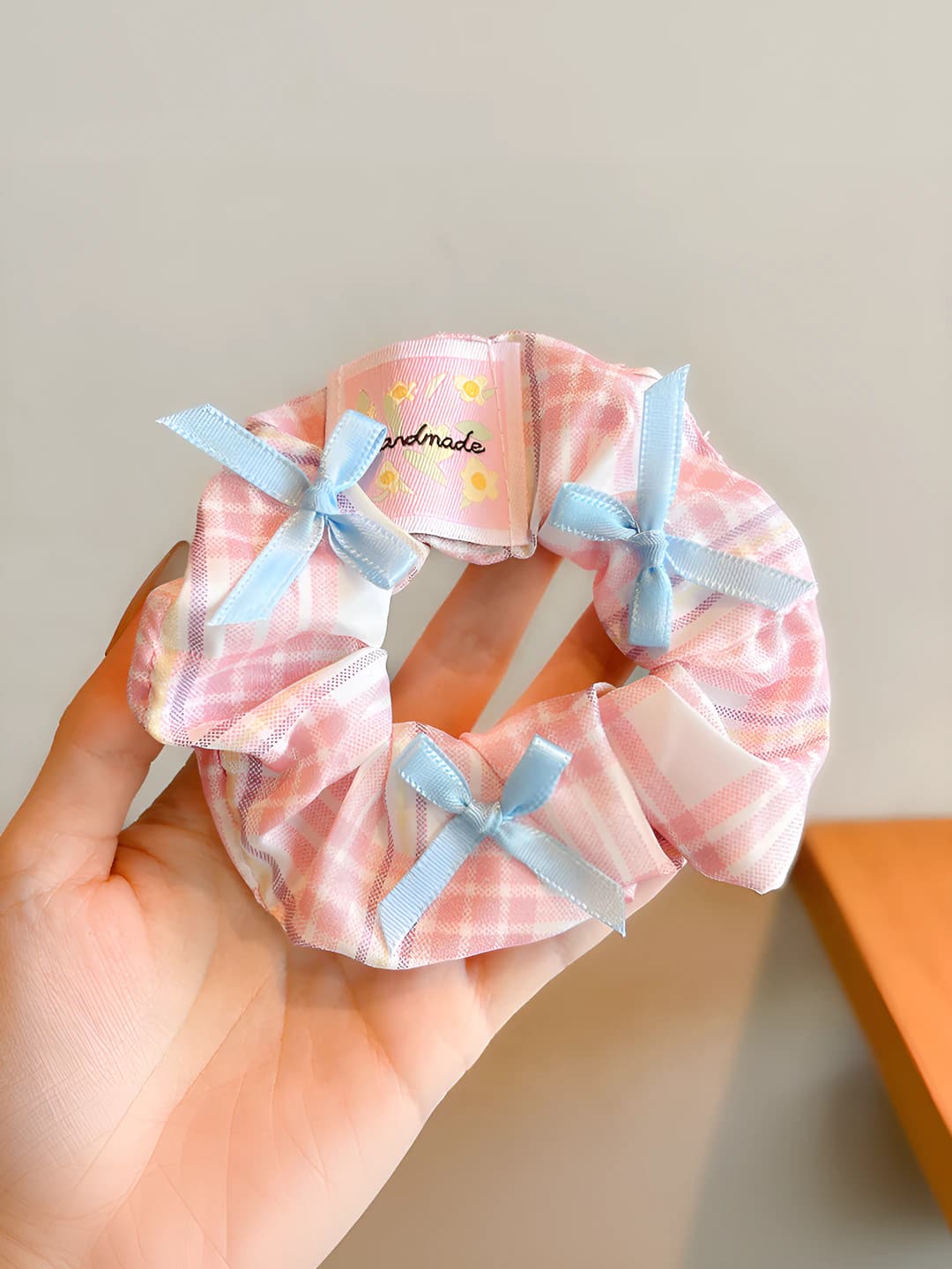 Розовая клетка, бант, 11 см