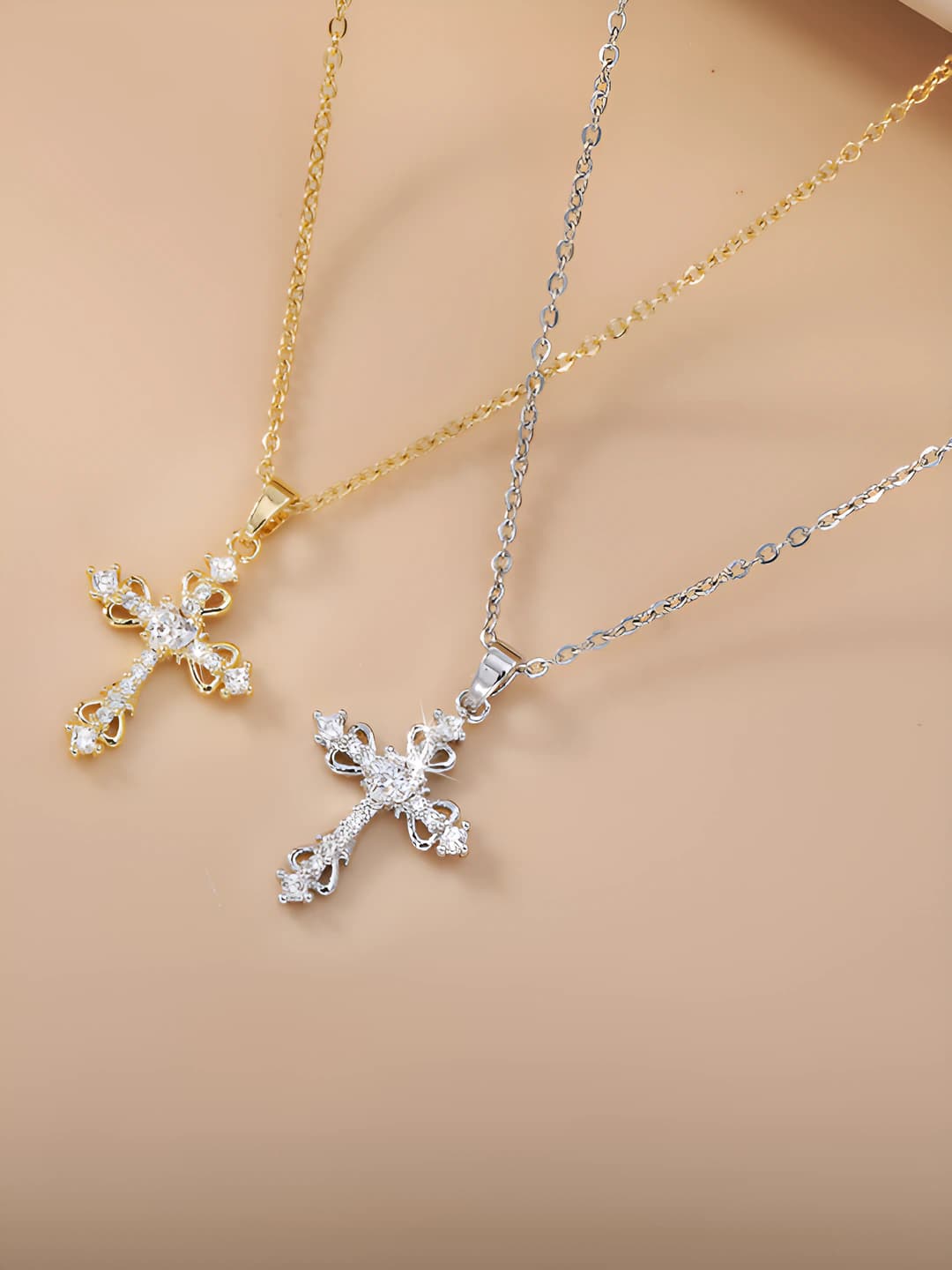 Women's cross necklace, zircon, copper, O-link chain, multi-layer, 41-50 cm, Chanel style jewelry