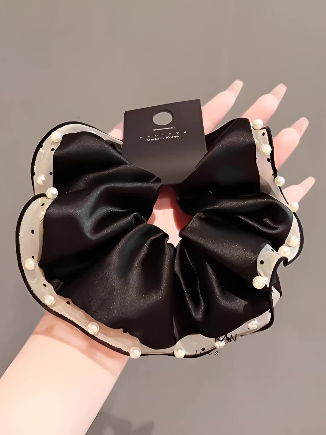 Women's pearl satin hair scrunchie, loose fit, sweet cool style, handmade