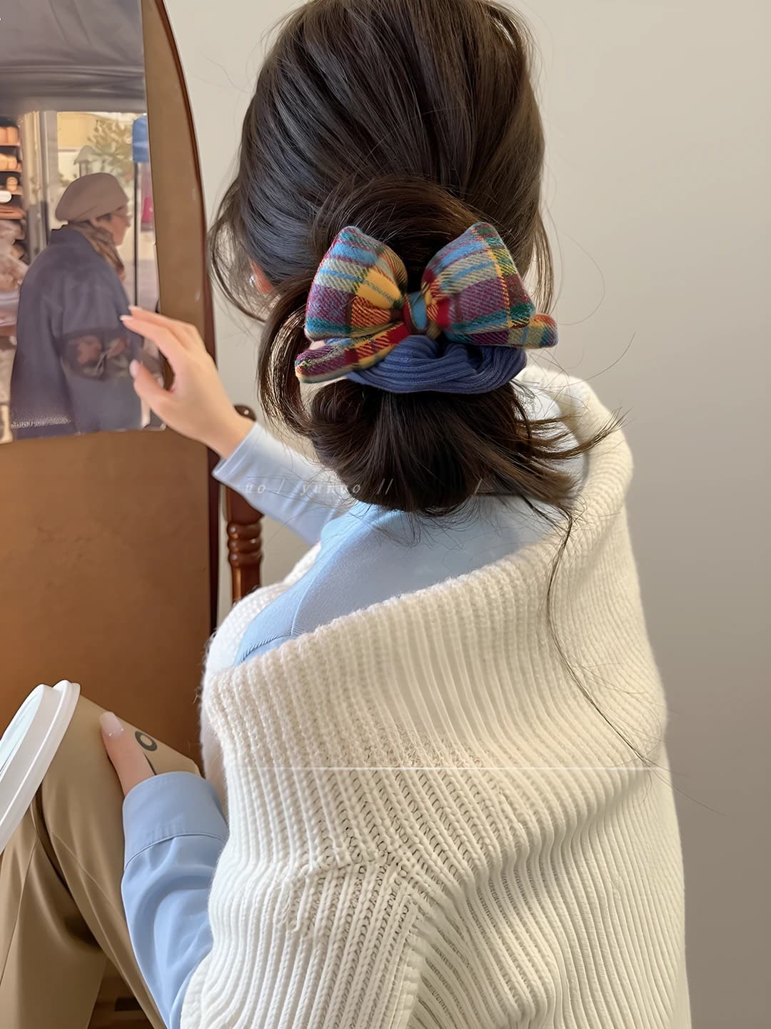 Women's plaid bow hair tie, Korean style, autumn-winter