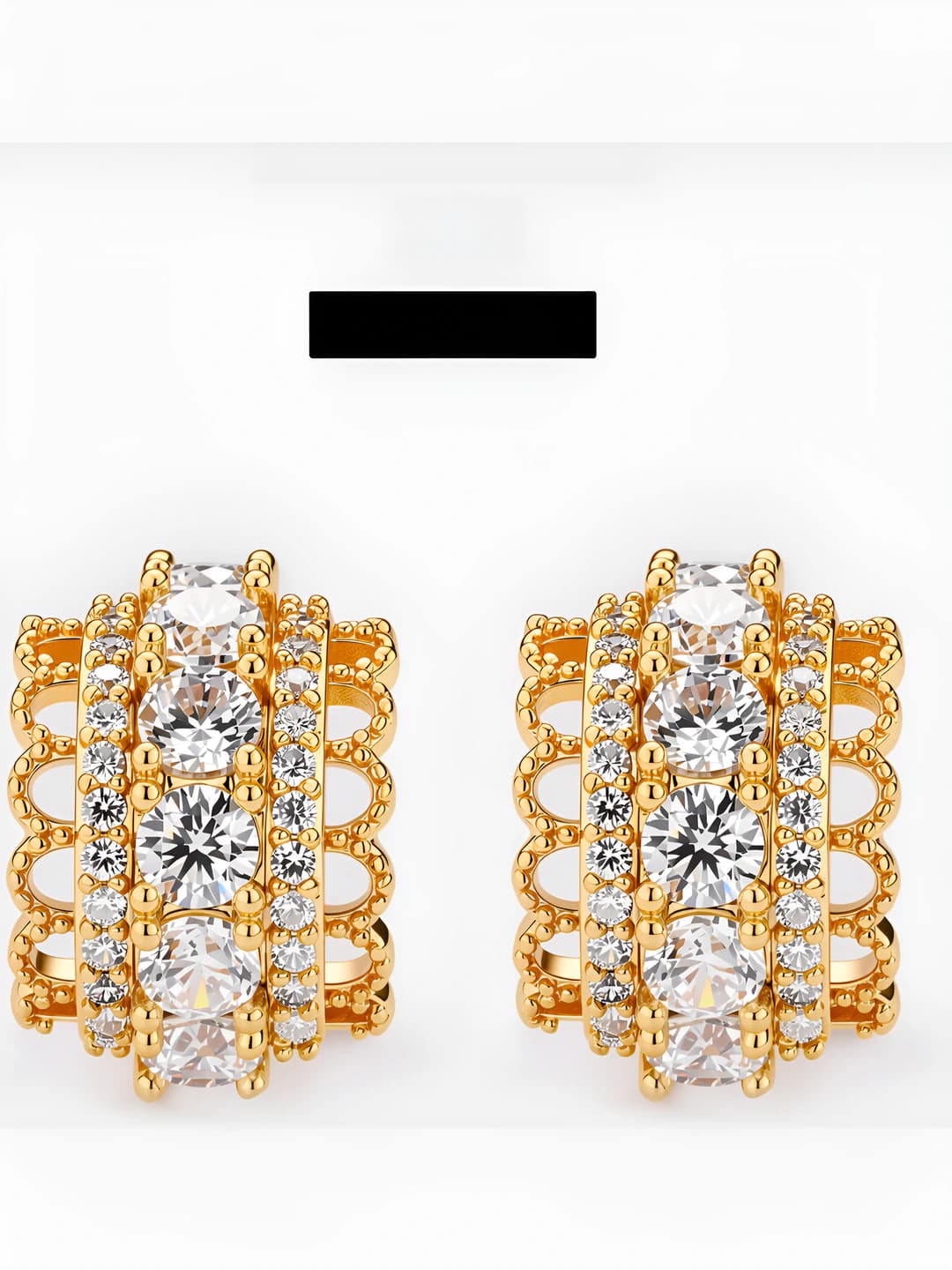 Women's 16k vacuum plated micro zircon semicircle studs, Chanel style lace design