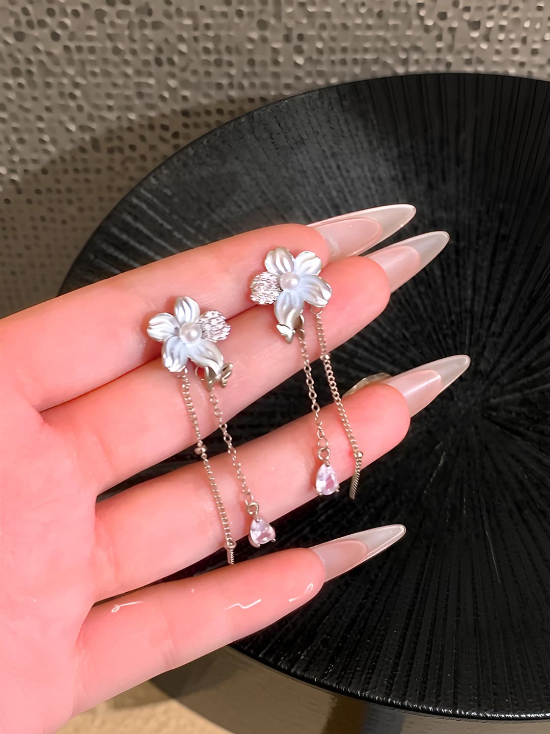 Women's spring-summer zircon flower tassel earrings with 925 silver post, 2026