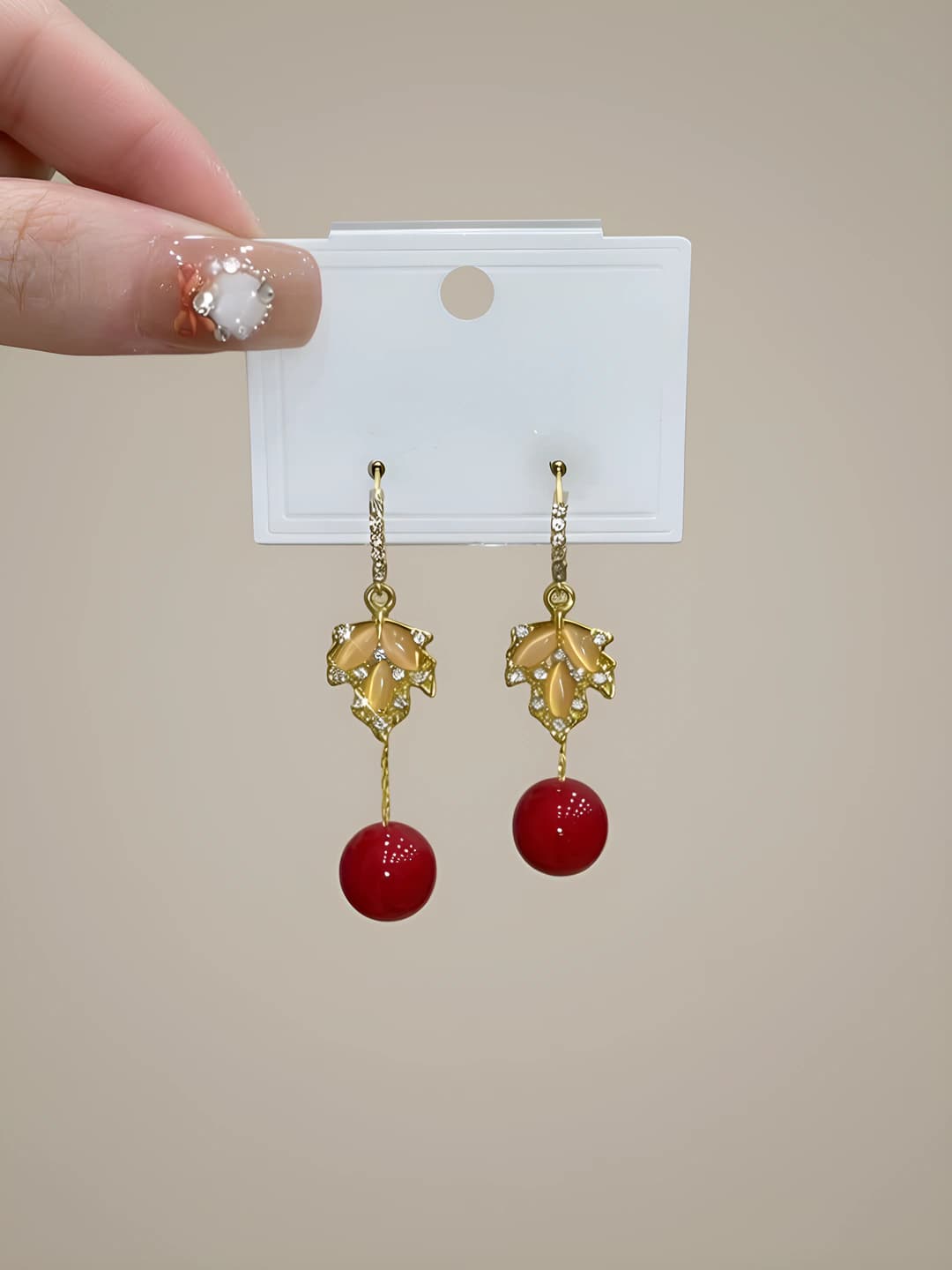 Women's long Korean style dangle earrings with red maple leaf beads