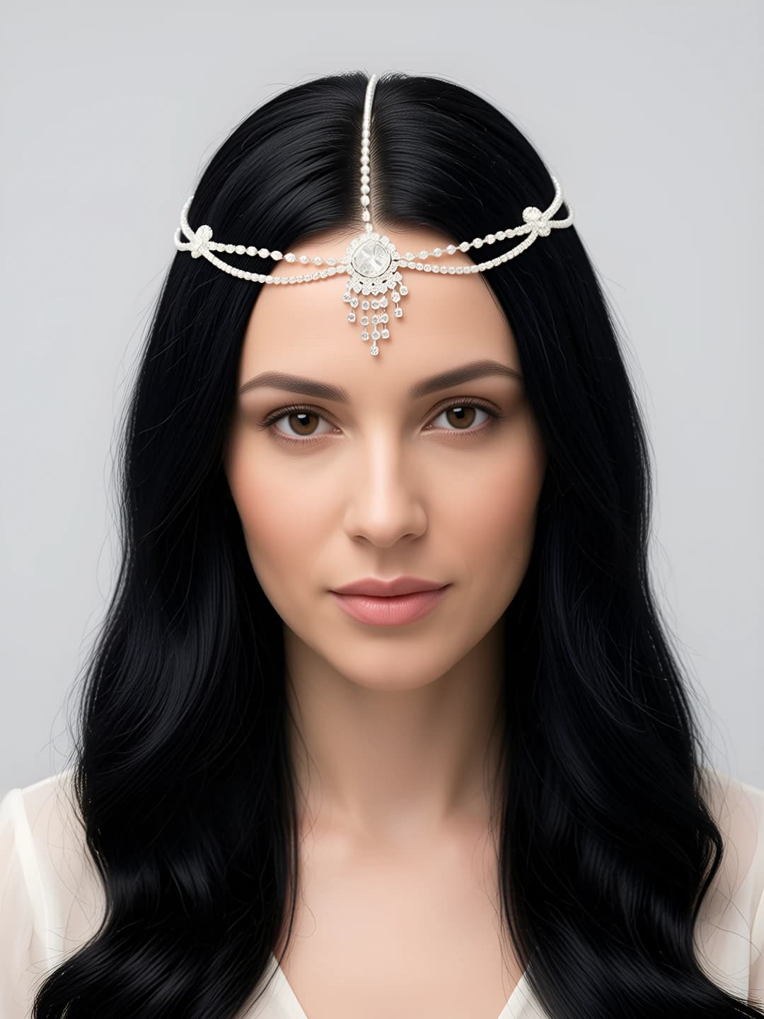 Women's hair chain with crown, teardrop design elements and rhinestones in minimalist style