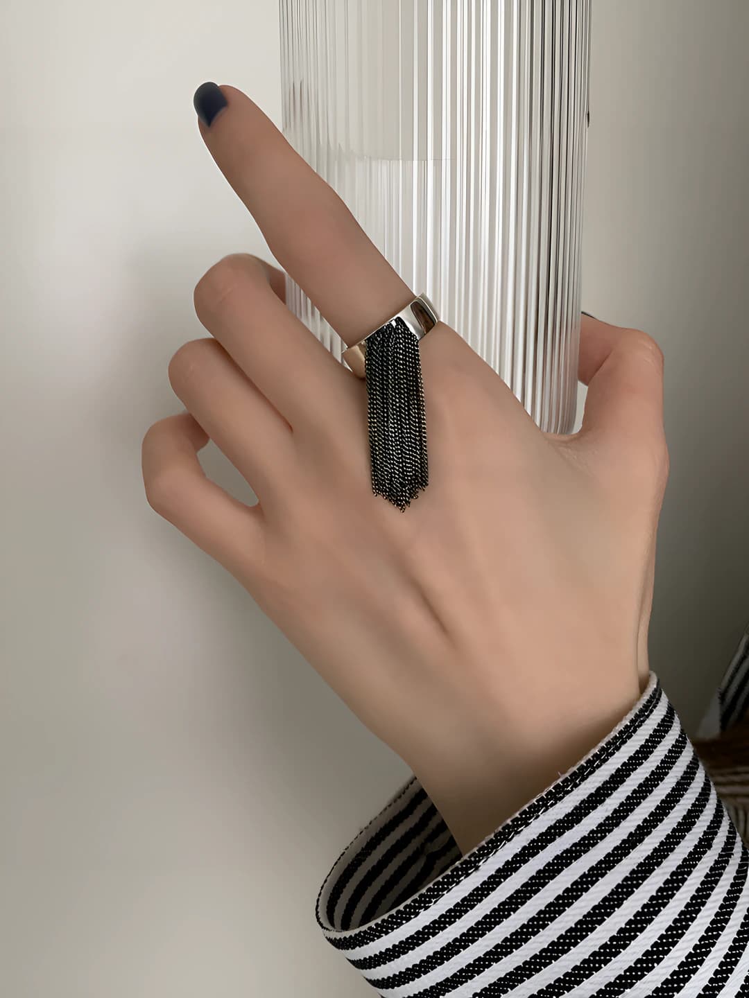 Women's retro Korean style statement tassel ring, open, geometric shape, copper