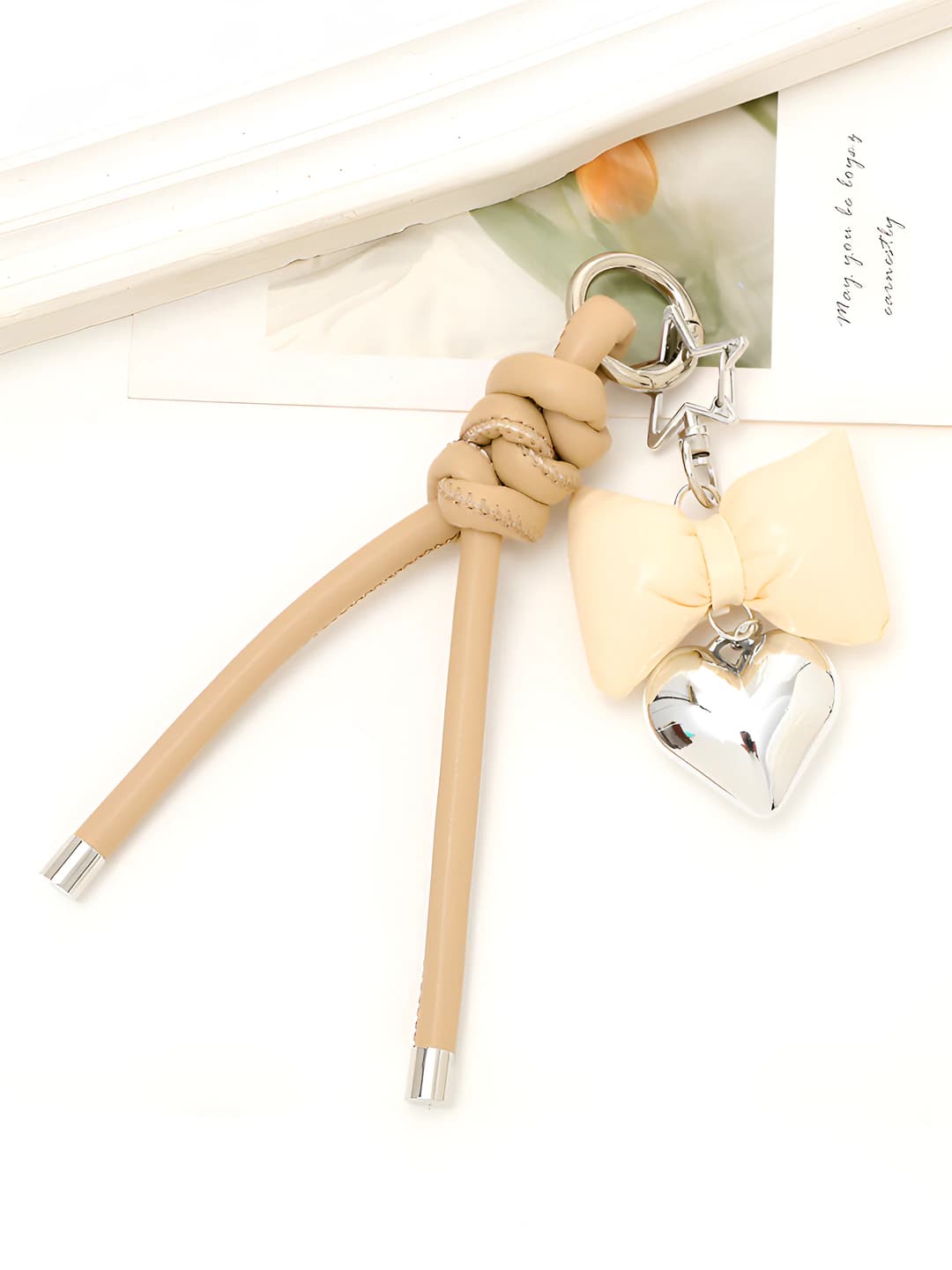 K3697+K3614 Leather cord heart bow charm Khaki