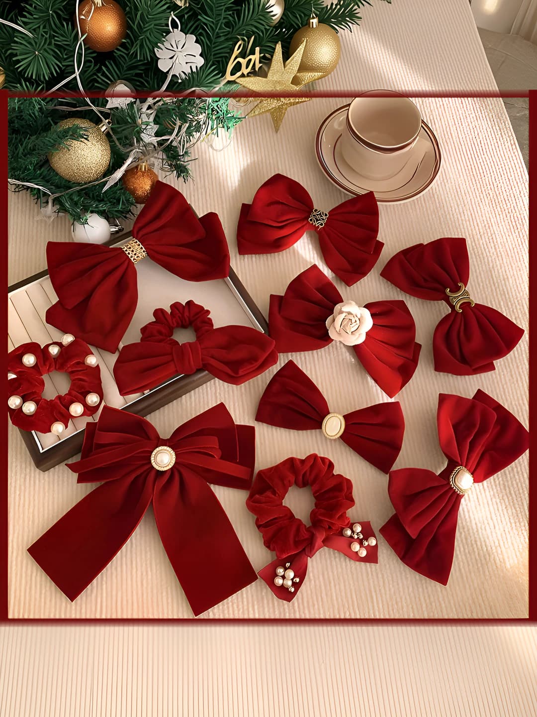 Women's red velvet hair clip with large bow