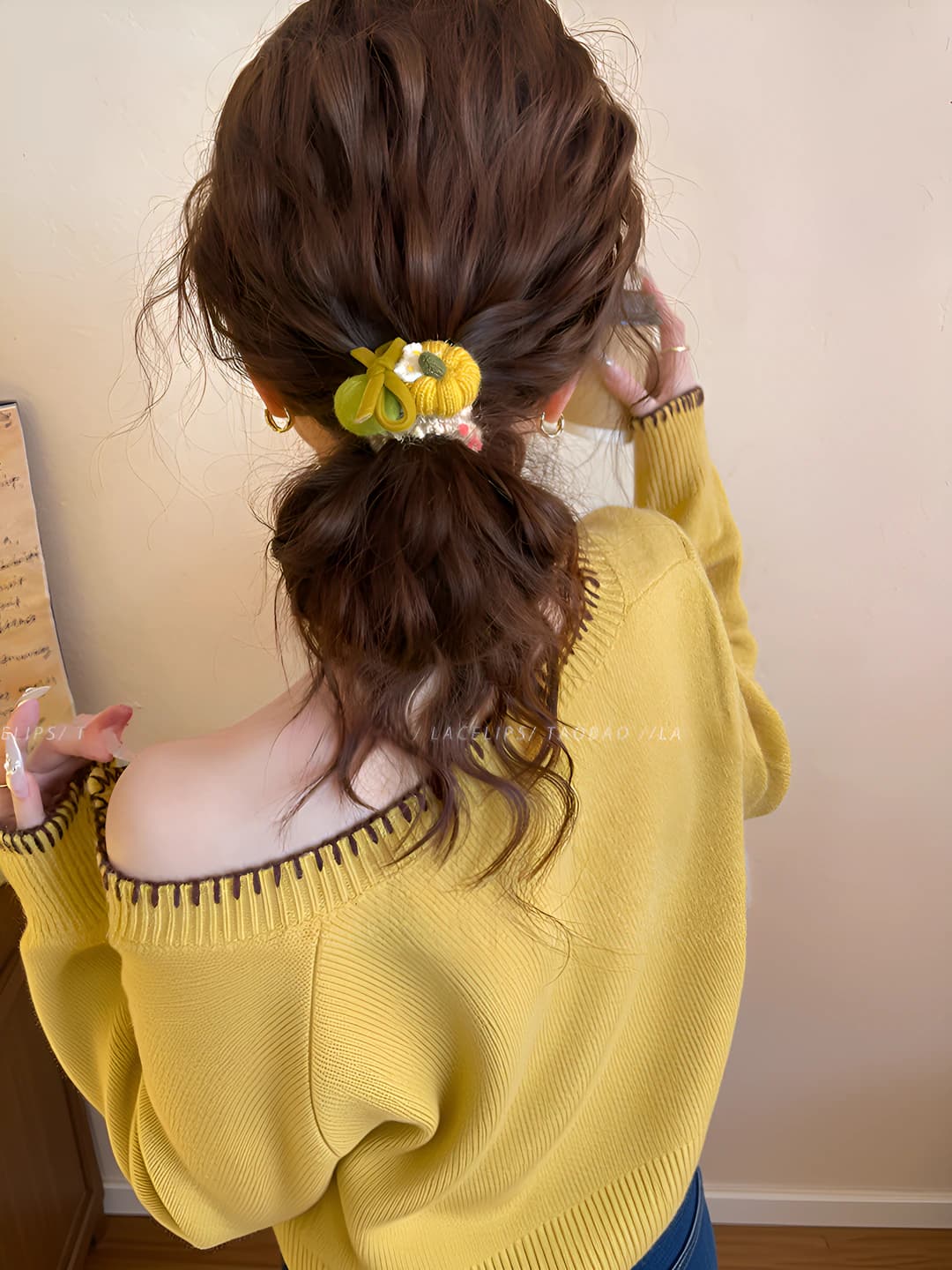 Yellow pumpkin bow hair tie
