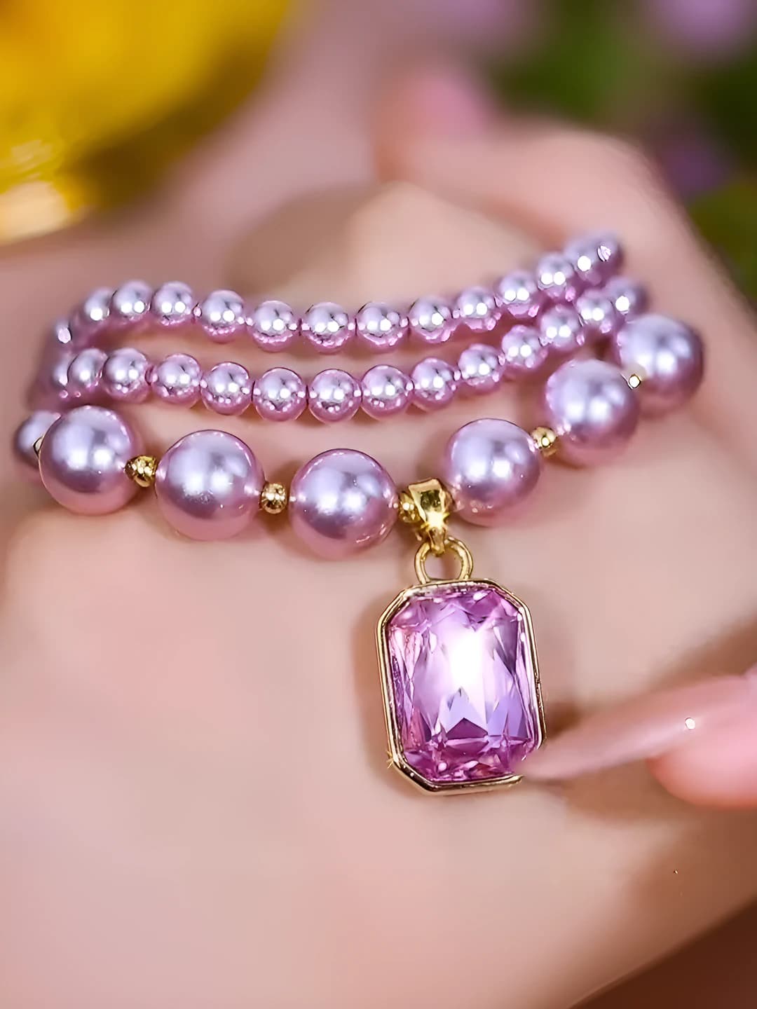 Women's beaded necklaces with pearls and crystals, purple color, square pendant