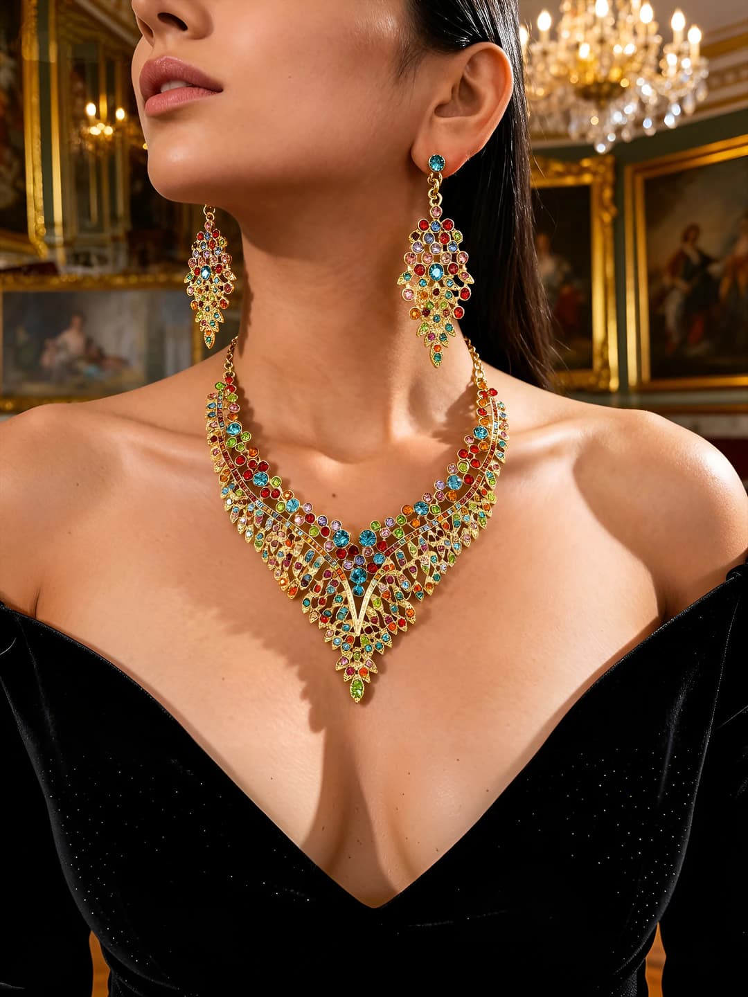 Women's retro statement necklace with adjustable zircon leaf pendant