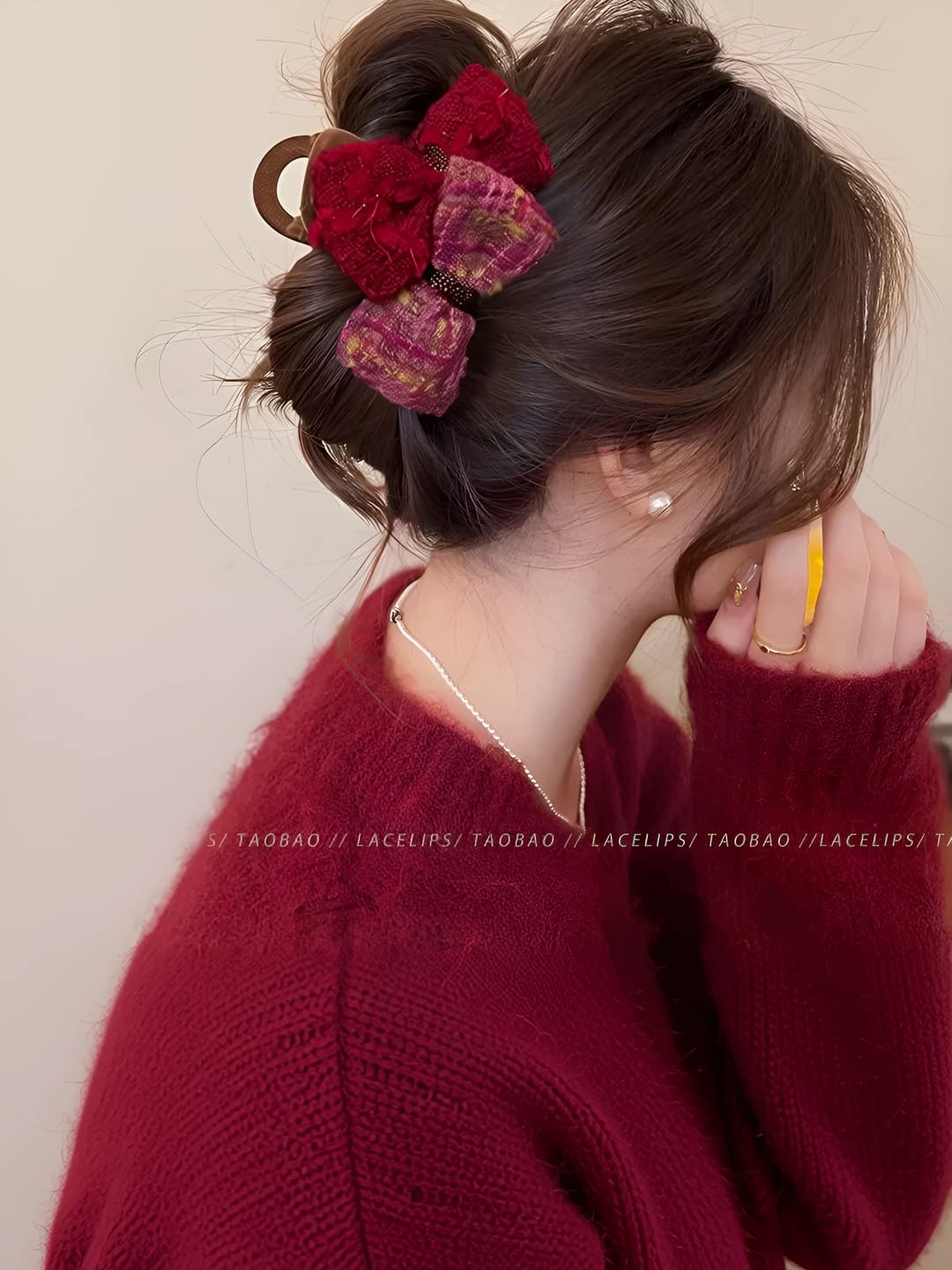 Red bow houndstooth clip-8 cm