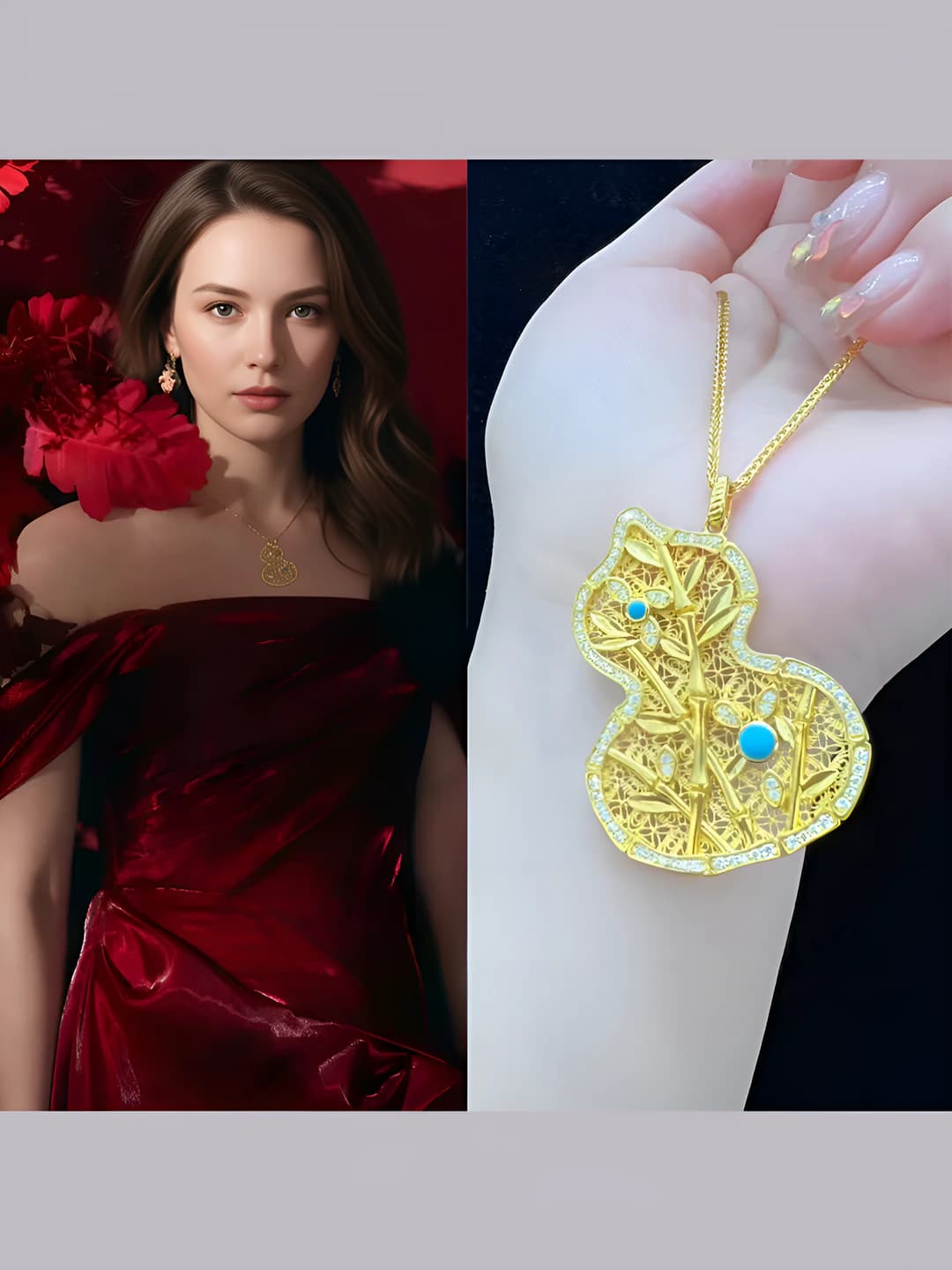 Women's pendant necklace with natural turquoise gourd design, Chinese style, retro design element