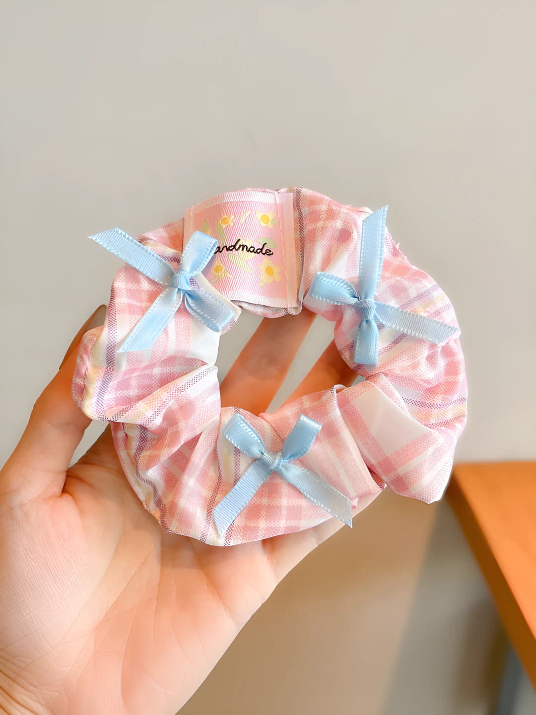 Pink plaid, bow, 11 cm