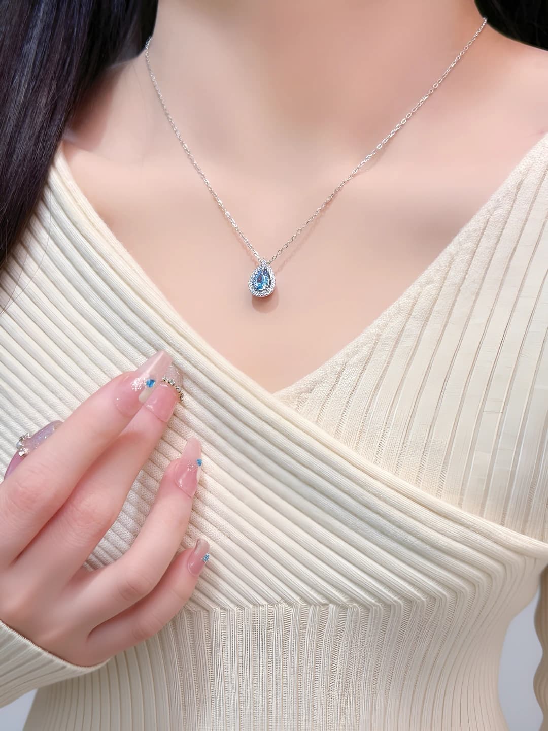 Women's teardrop aquamarine pendant necklace, geometric design, zircon, 31-40 cm