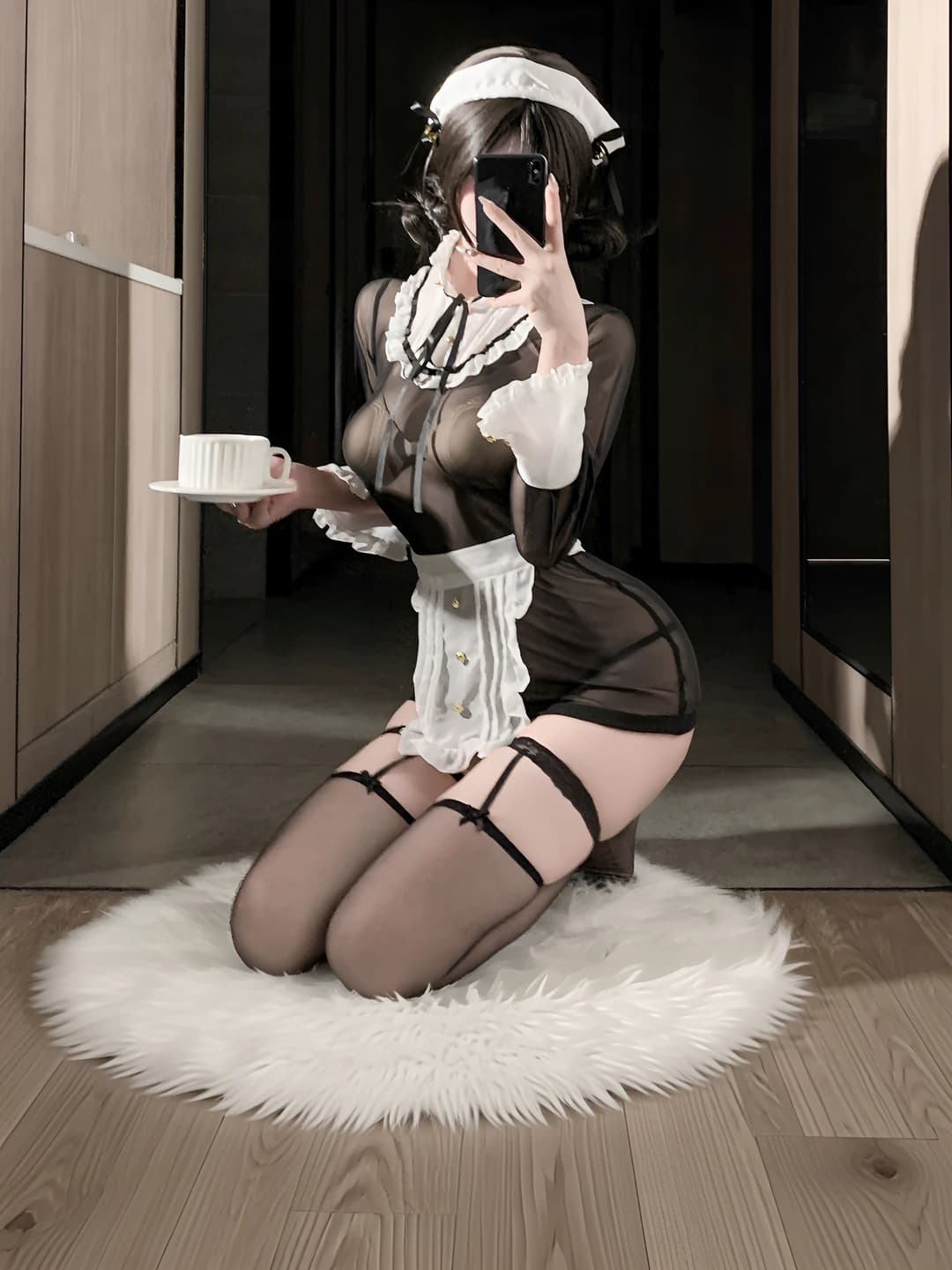 Women's maid costume in Lolita style, mesh lingerie set, made of polyester