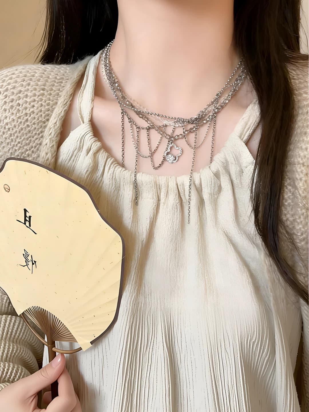 Women's multi-layer chain necklace with crystal pendant and tassels