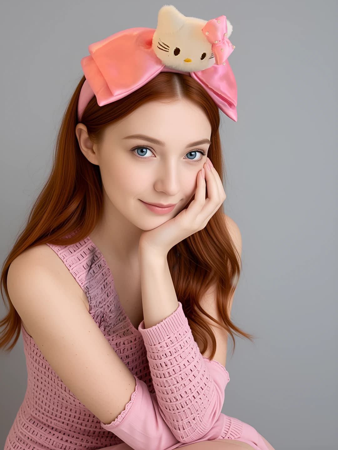 6# Белый кот KT, розовый двухслойный атласный бант, мохер