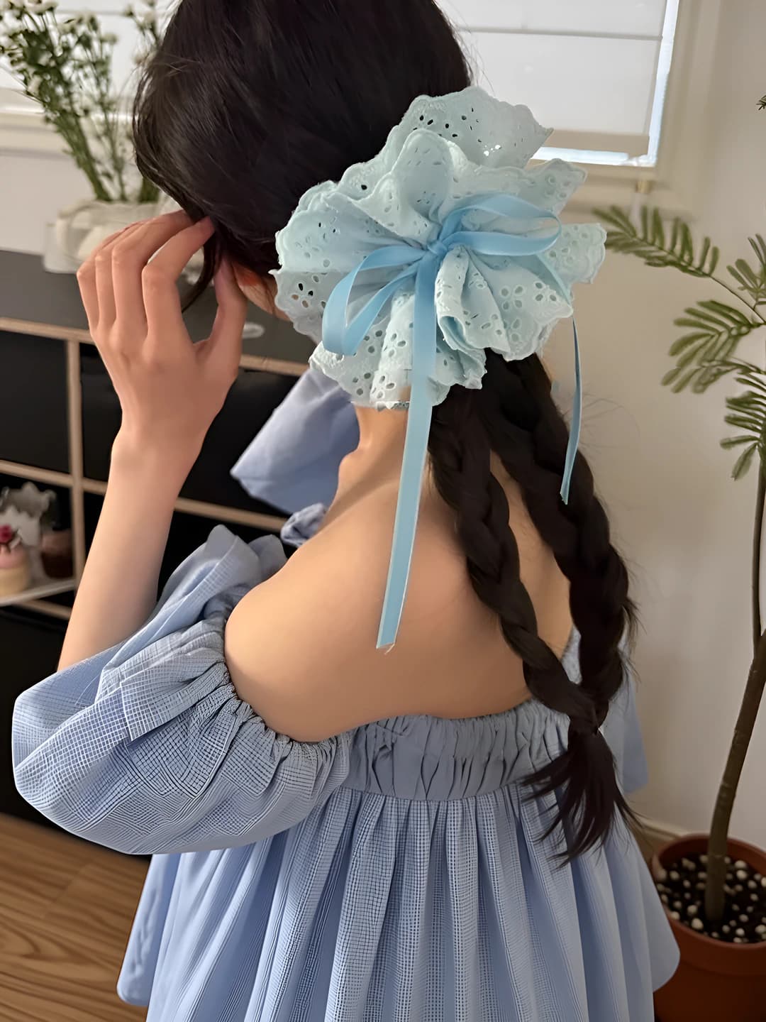4# Blue drawstring hair tie Large-33*14cm