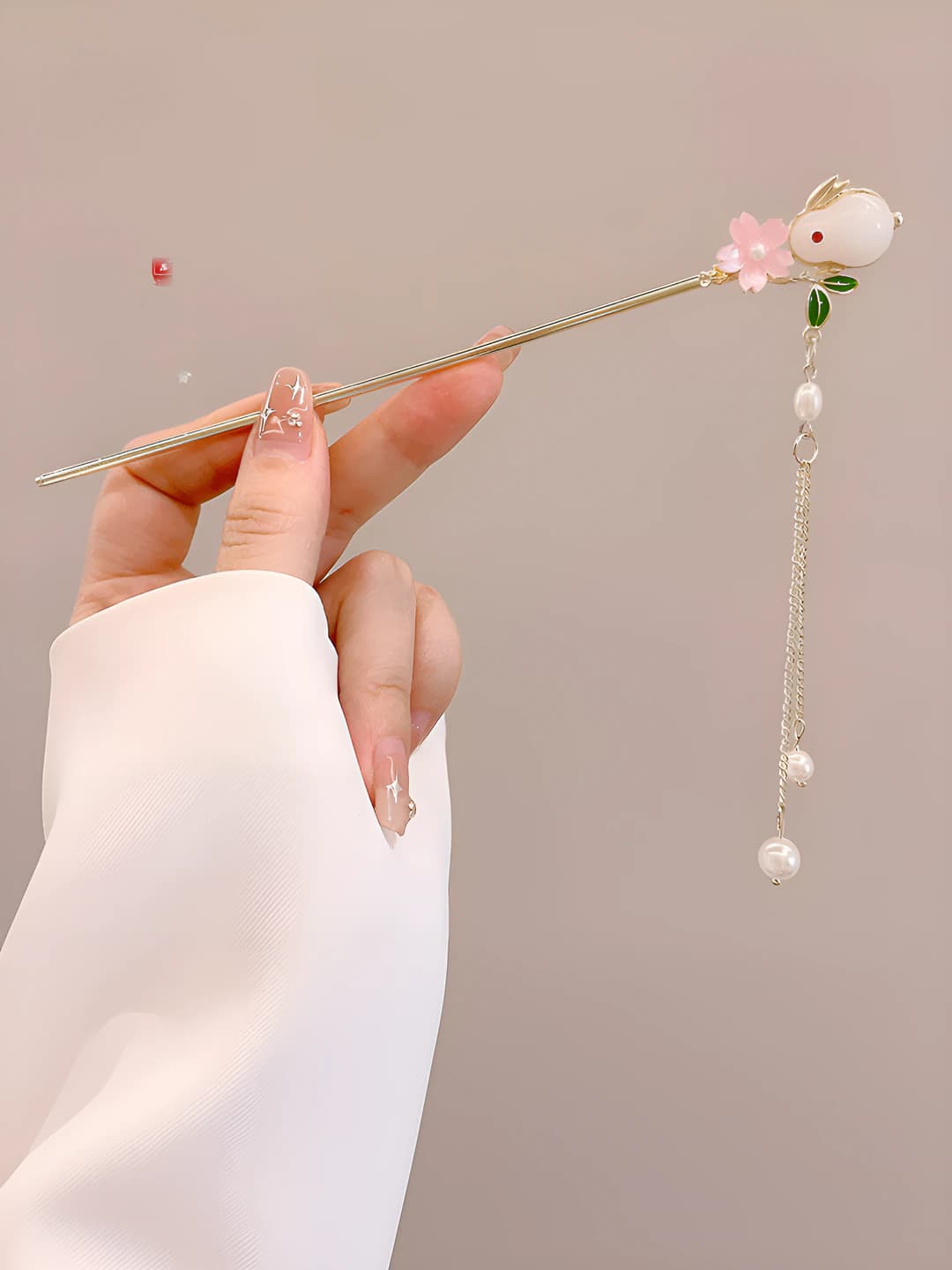 74# Jade rabbit pink flower tassel hairpin - gold (bagged) 17 cm