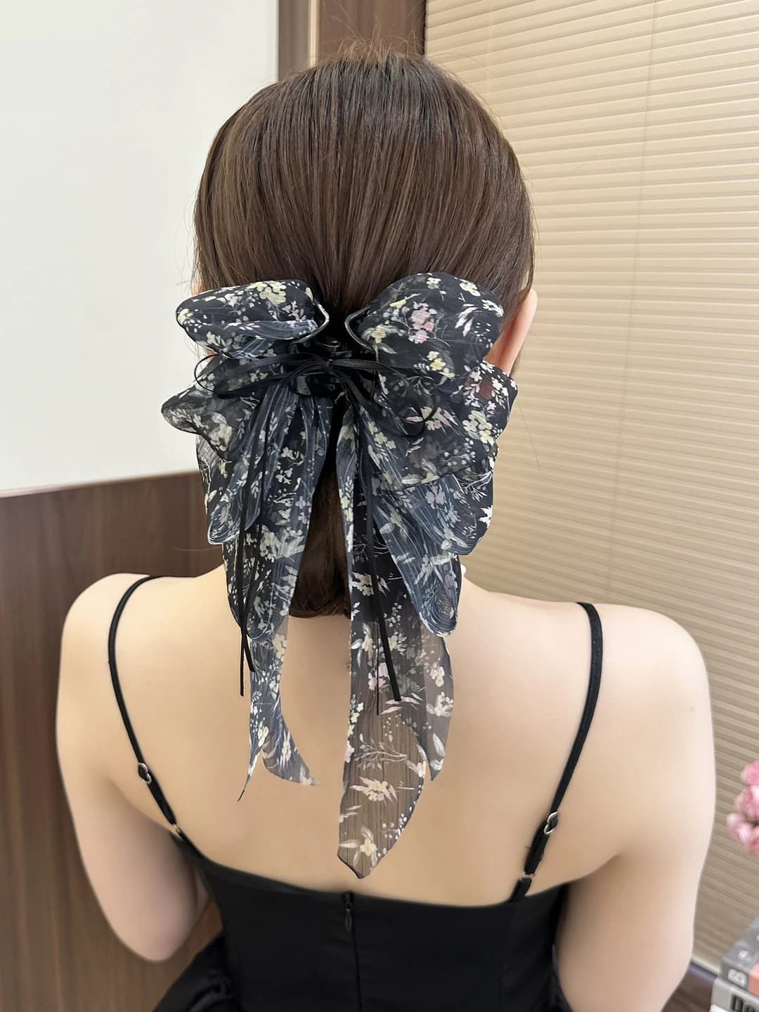 Black floral bow pony clip - bow 18.5 cm, ribbon 20 cm
