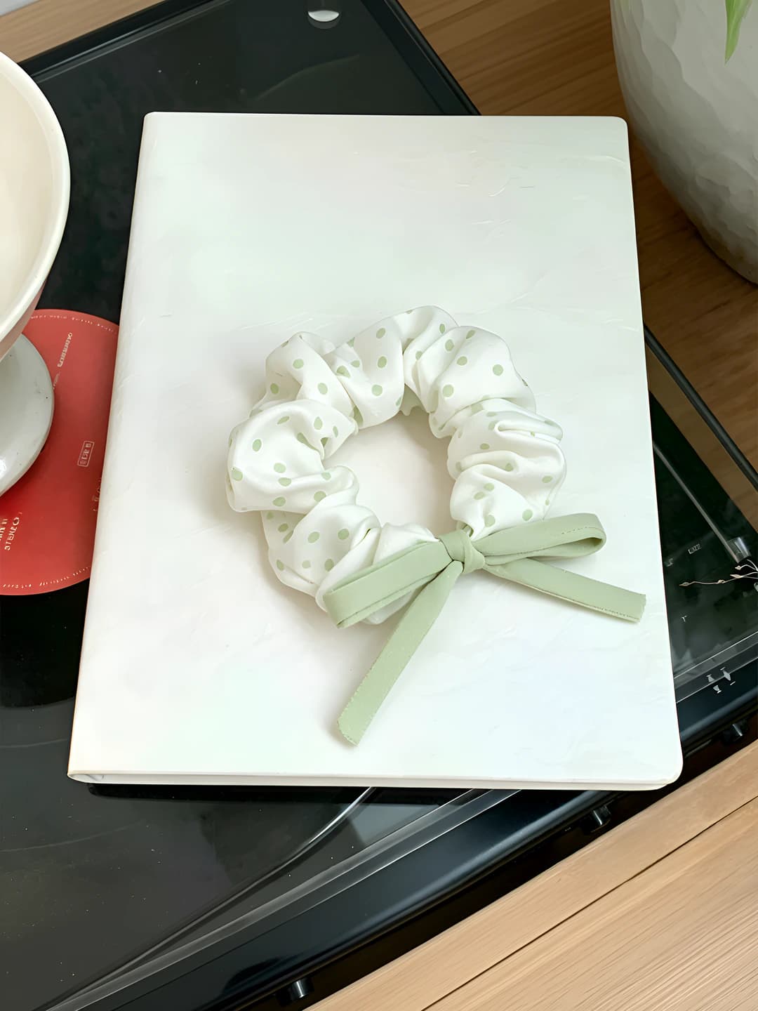 Green polka dot hair tie