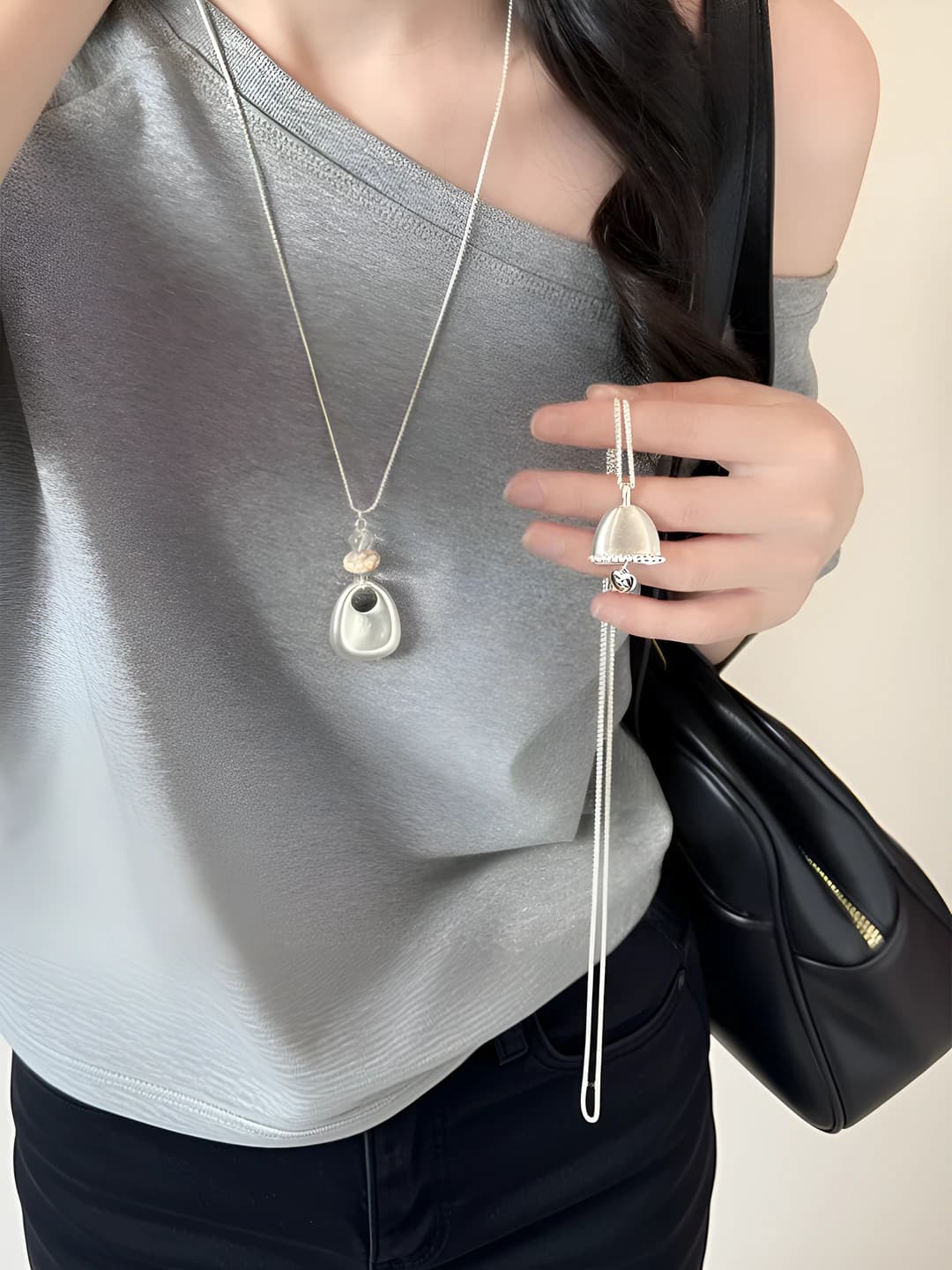 Women's pendant necklace with geometric pendant, silver, long, occasion: casual