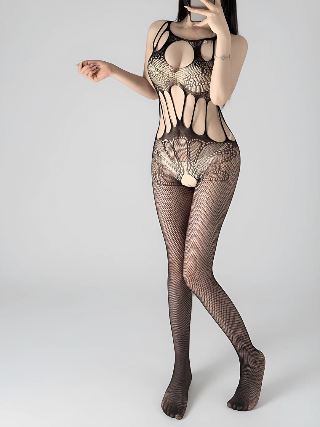 Women's erotic sheer cut-out fishnet bodysuit lingerie, polyester, 90%-95%