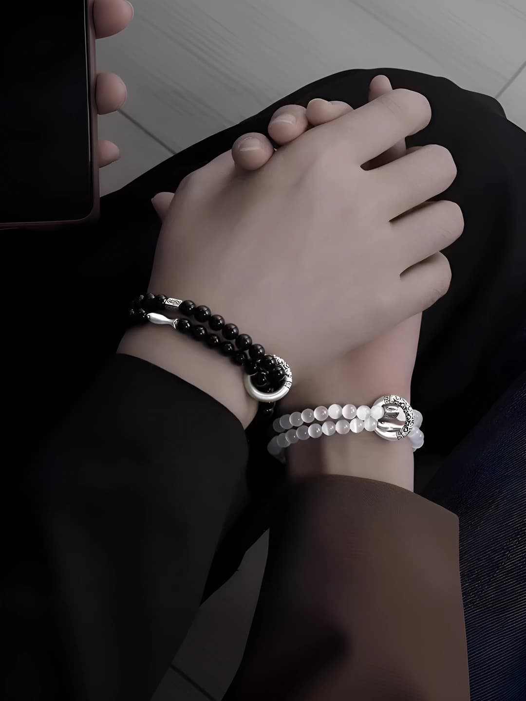 Women's black agate double-strand beaded bracelet, fish design element, for couples