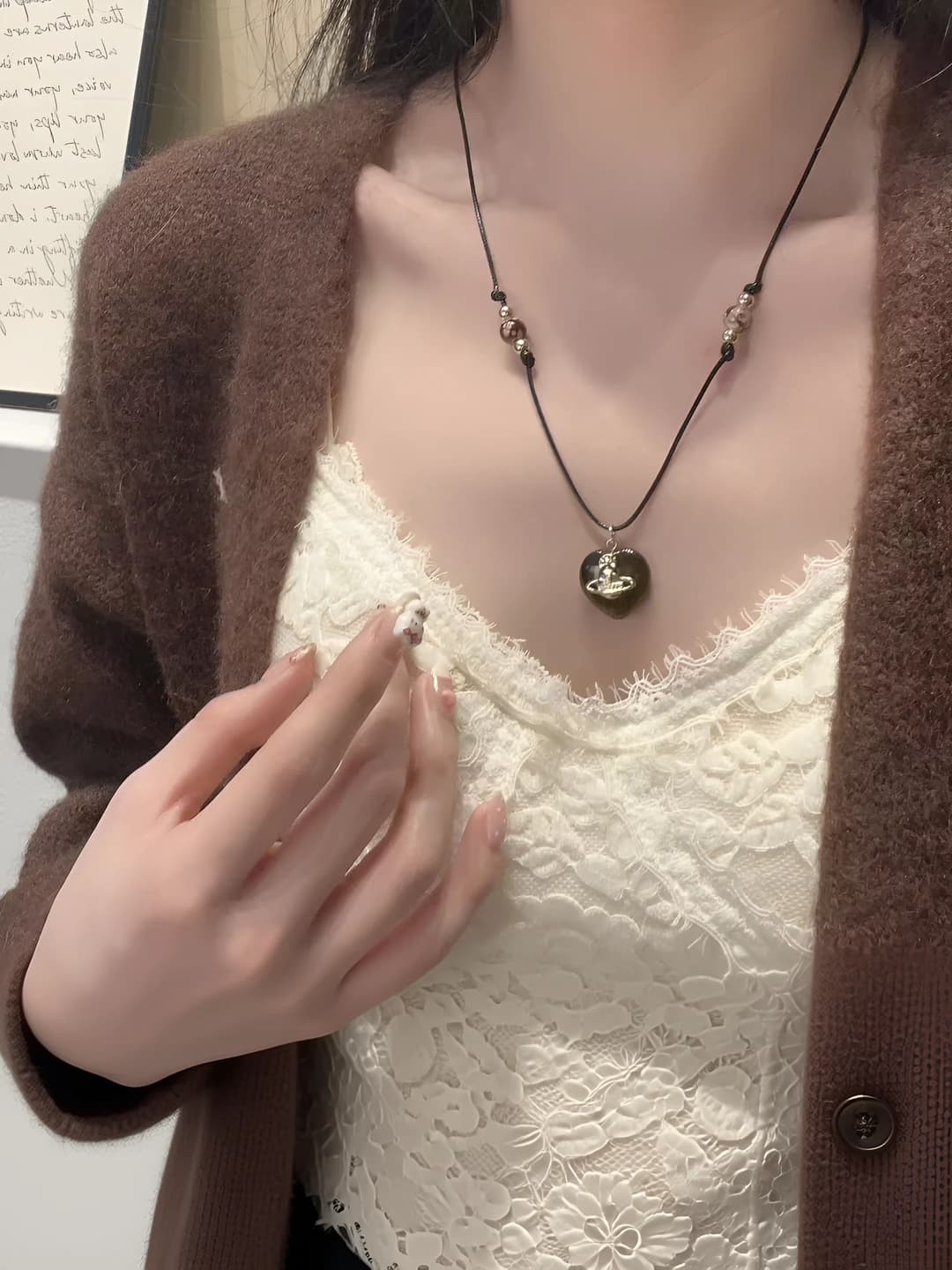 Women's retro heart pendant necklace, autumn-winter, for sweater, 51-60 cm