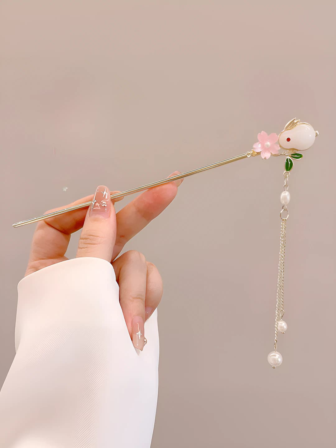 74# Jade rabbit pink flower tassel hairpin - gold (bagged) 17 cm