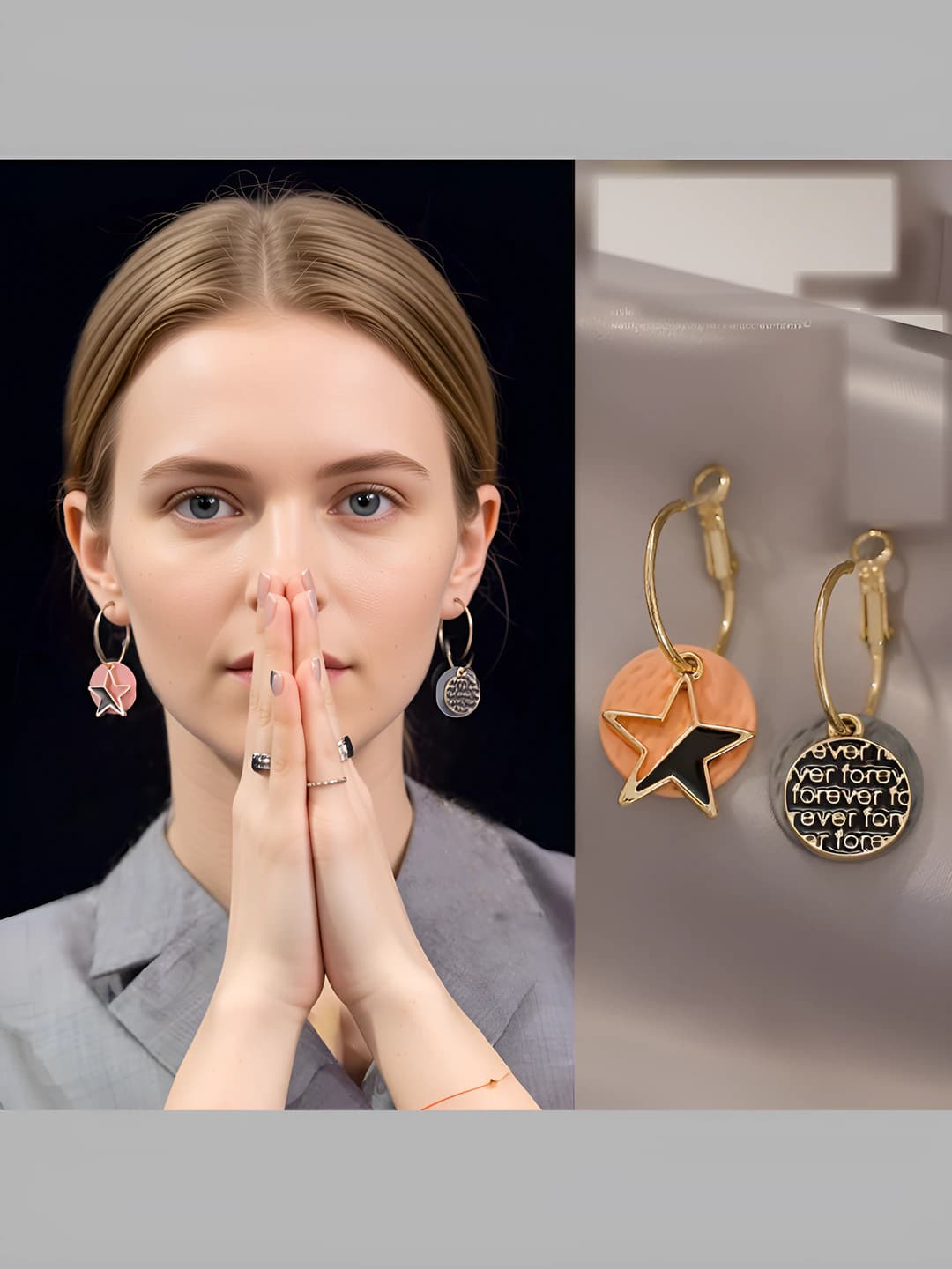 Women's asymmetric five-pointed star earrings, contrasting colors, country style, design element: fresh and sweet