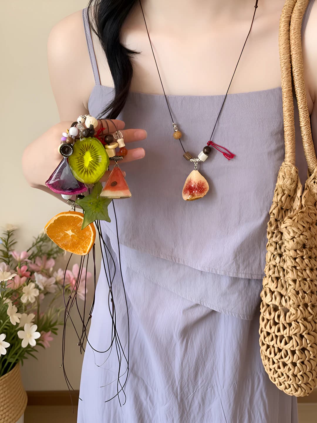 Women's resin fruit pendant necklace on leather cord