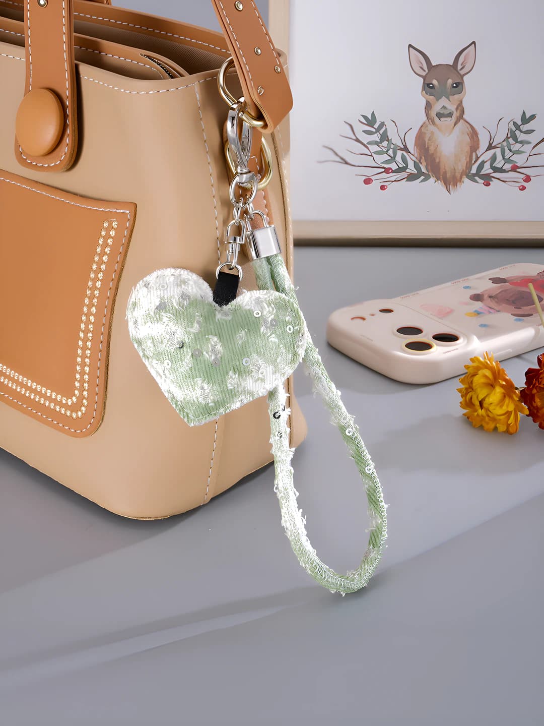 Джинсовый брелок-сердце, травяной зелёный