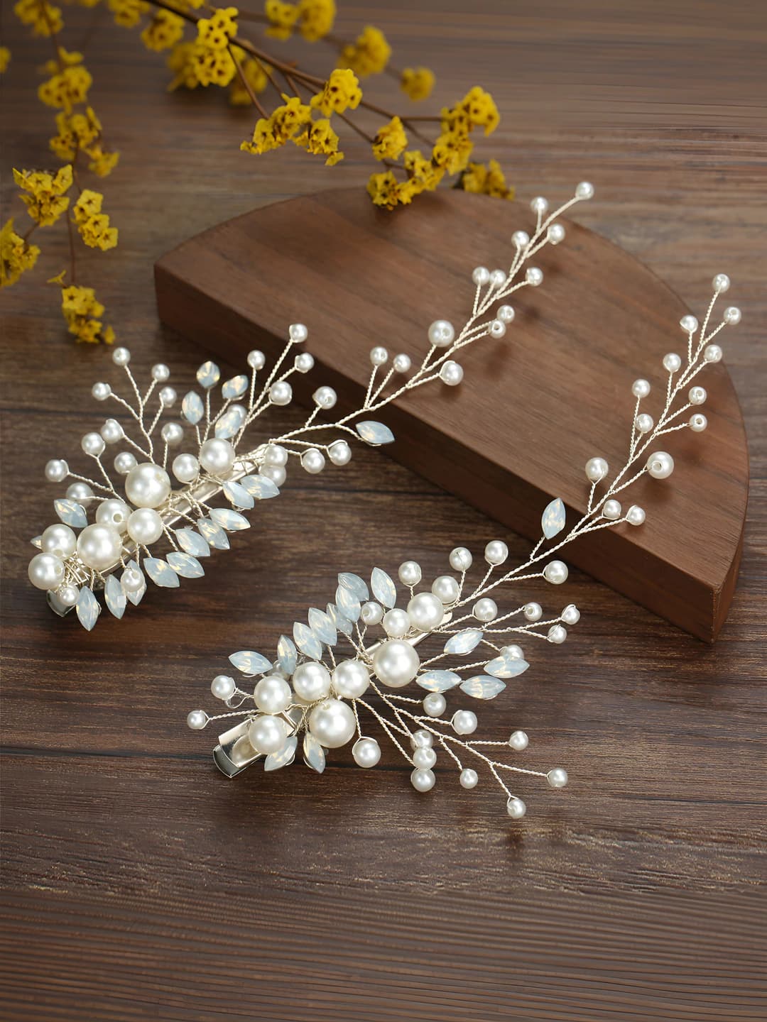 Women's handmade pearl marquis glass crystal hair clips (pair)