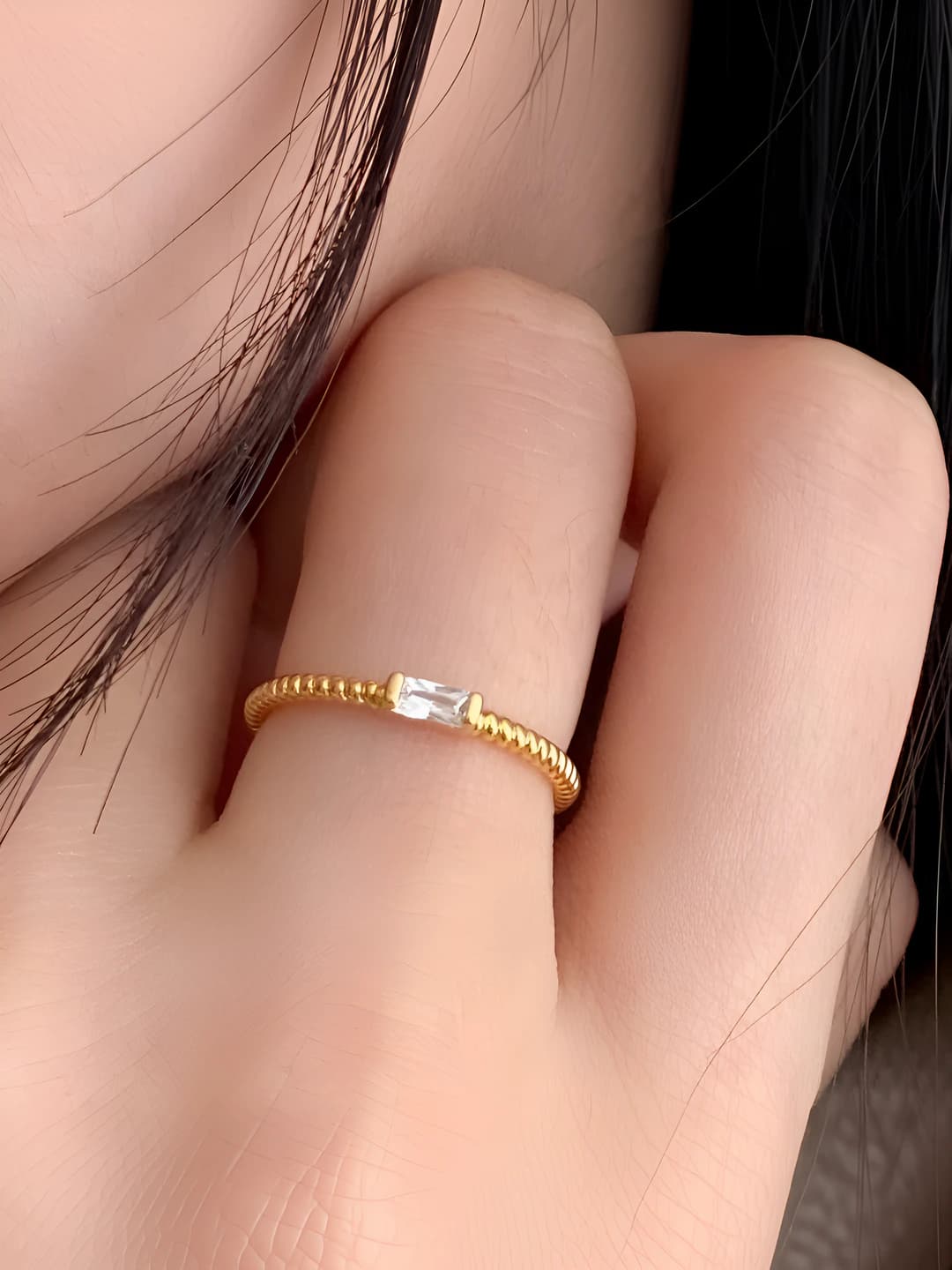 Women's zircon cable knit ring, open, adjustable, minimalist style